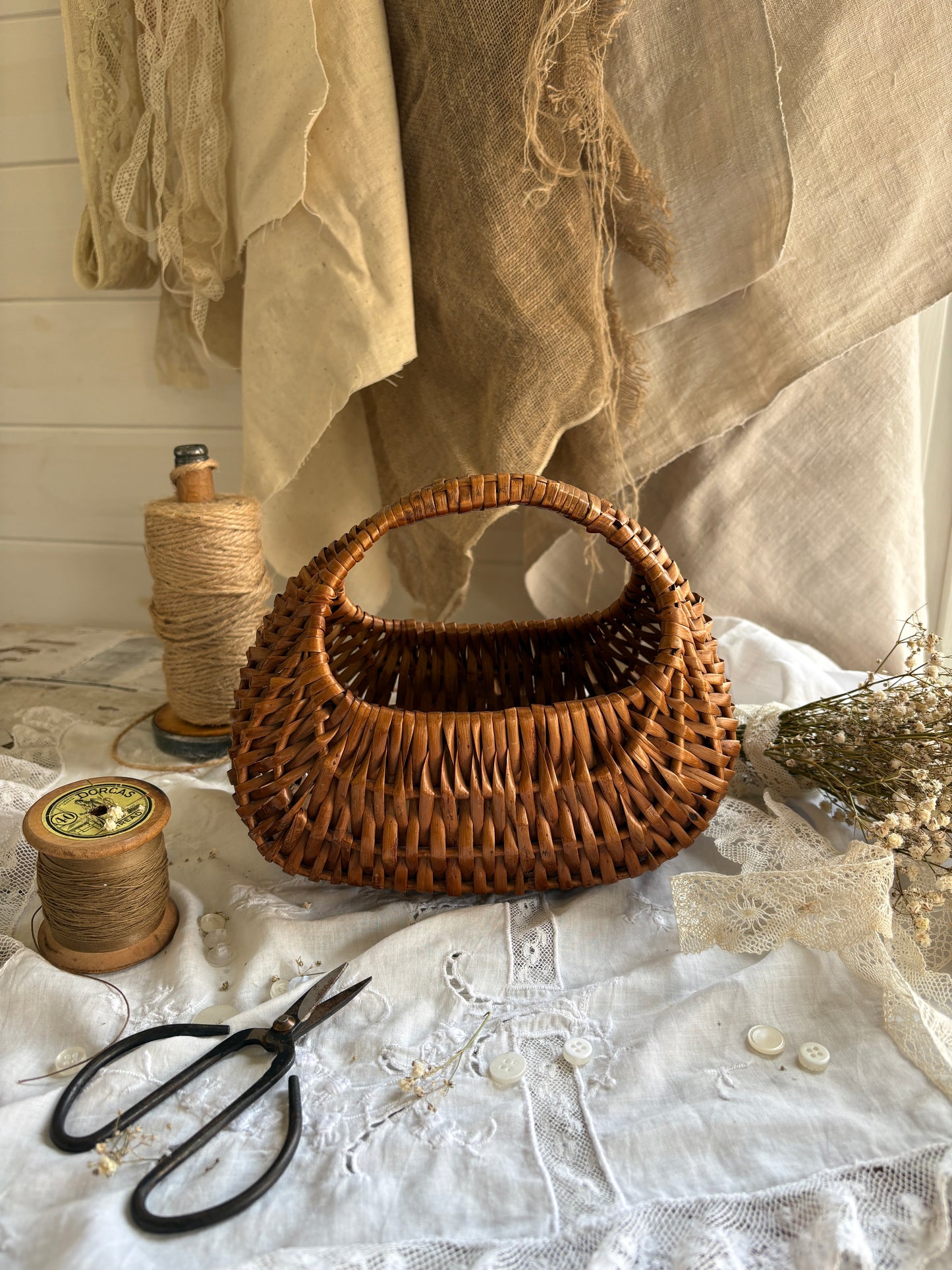 Vintage Child’s Gondola Shaped Wicker Basket with Handle