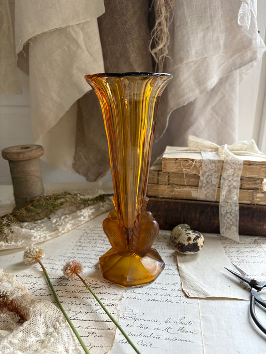 Vintage Czech Amber Glass Pigeons / Tauben Vase