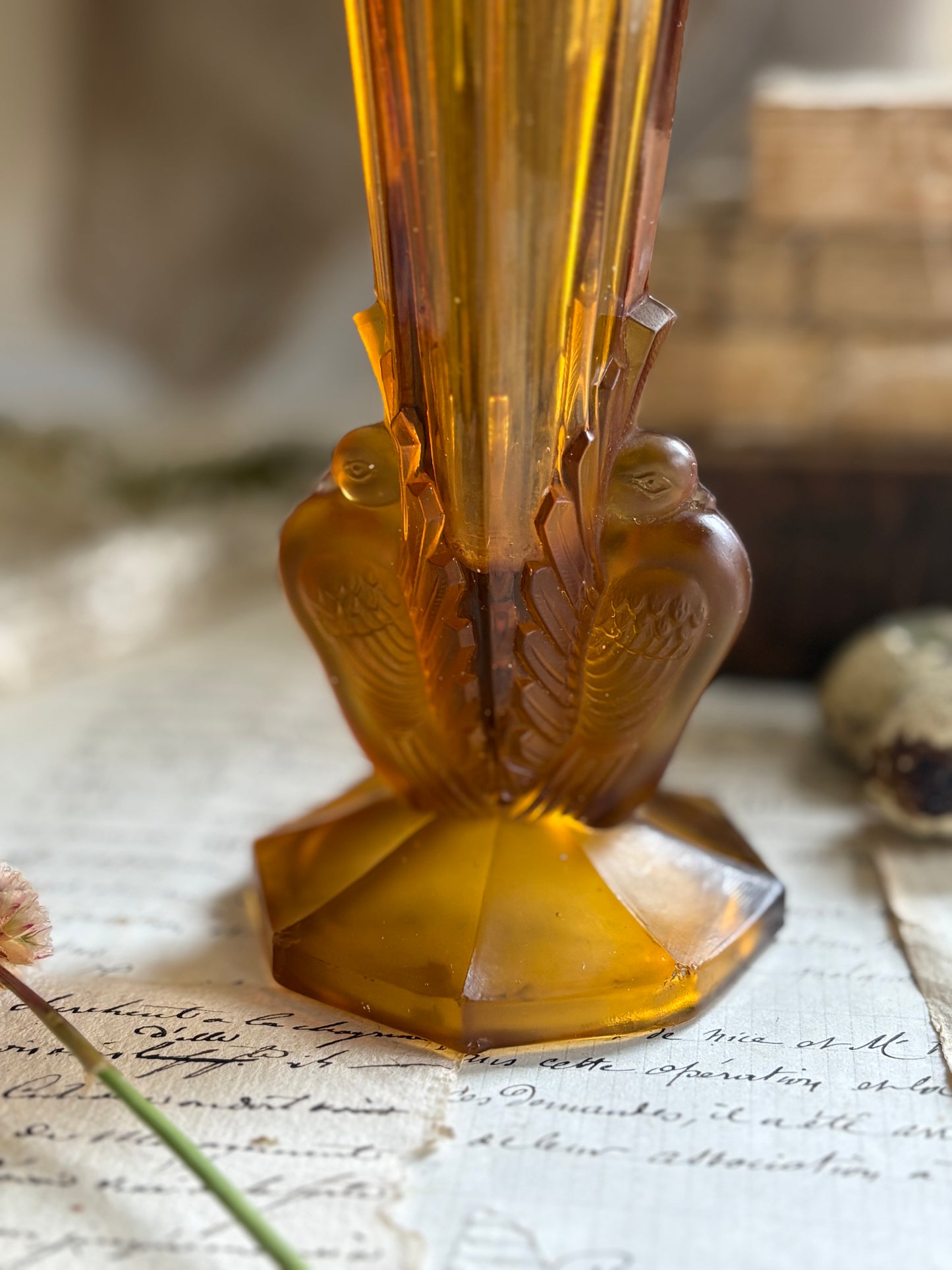 Vintage Czech Amber Glass Pigeons / Tauben Vase