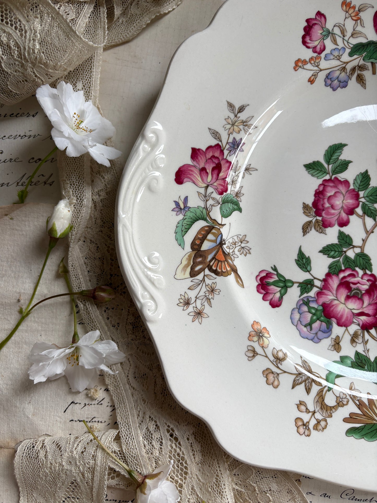 Wedgwood Floral Plate Vintage Botanical Design with Butterflies