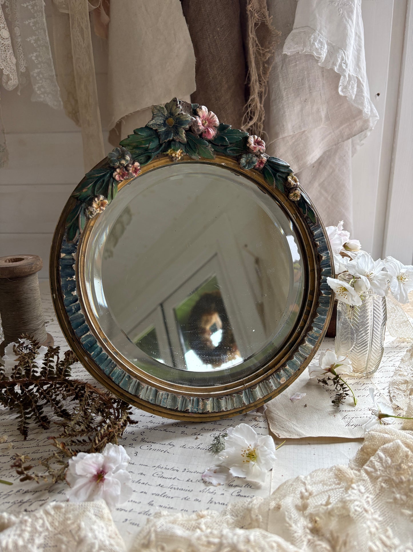 Antique Barbola Floral Mirror Hand-Painted Plaster Frame