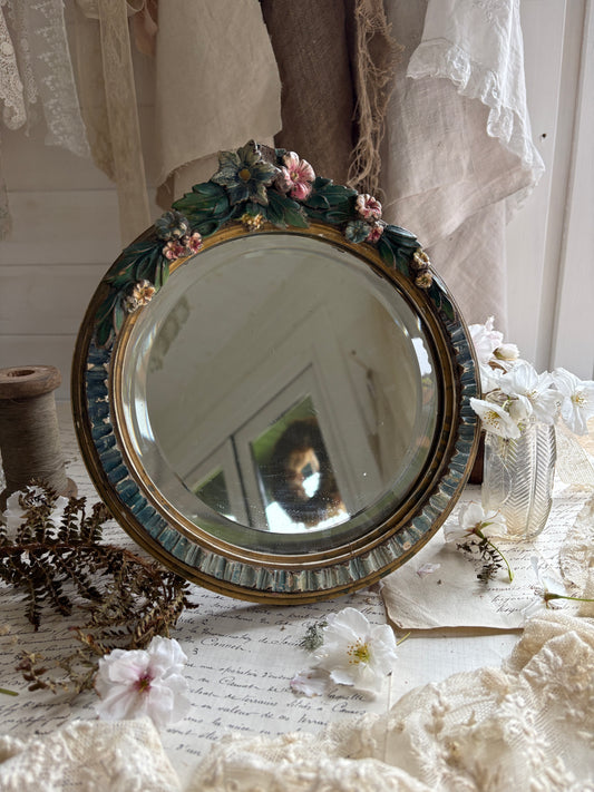 Antique Barbola Floral Mirror Hand-Painted Plaster Frame