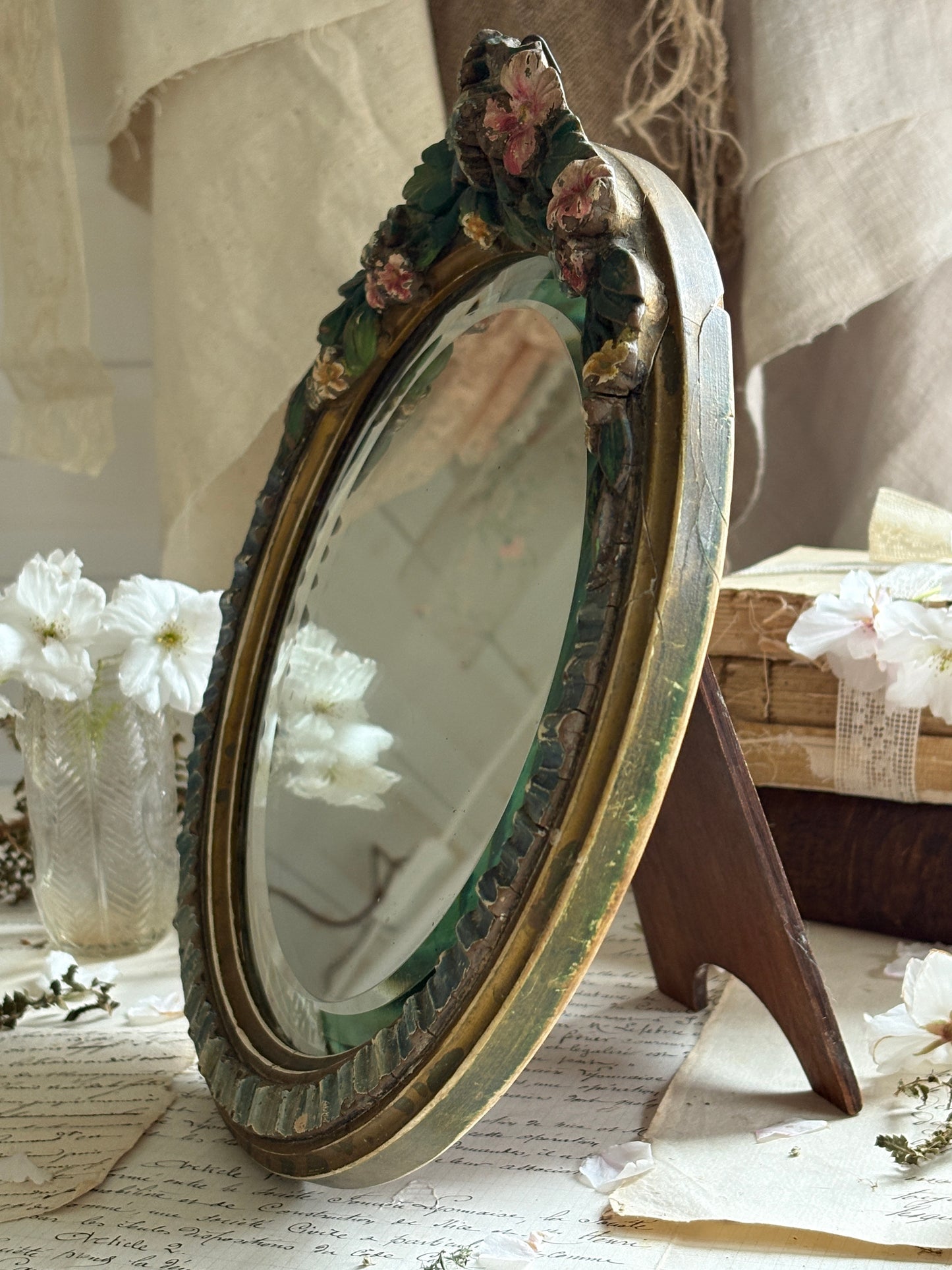 Antique Barbola Floral Mirror Hand-Painted Plaster Frame