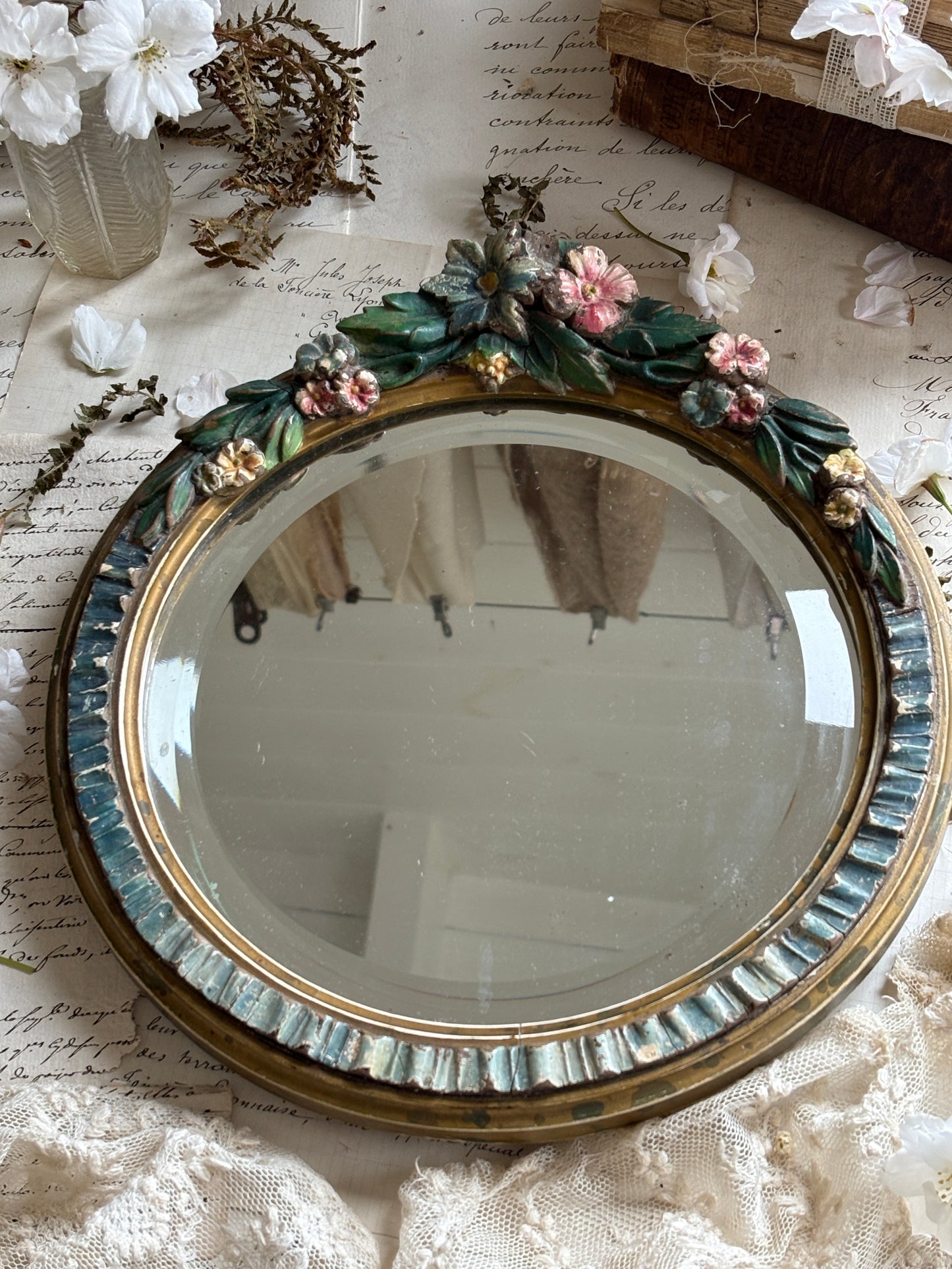 Antique Barbola Floral Mirror Hand-Painted Plaster Frame