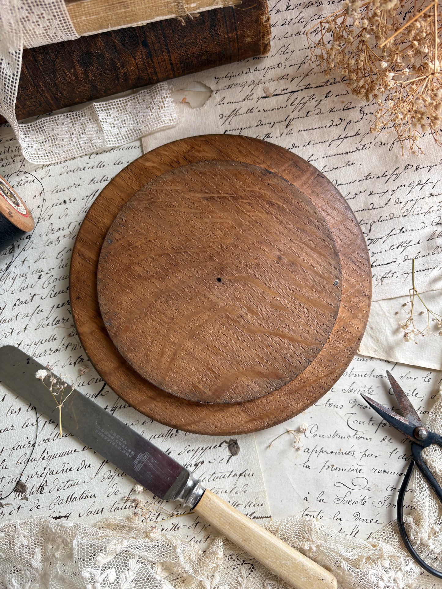 Hand-Carved Dark Oak Circular Butter Dish with Glass Insert