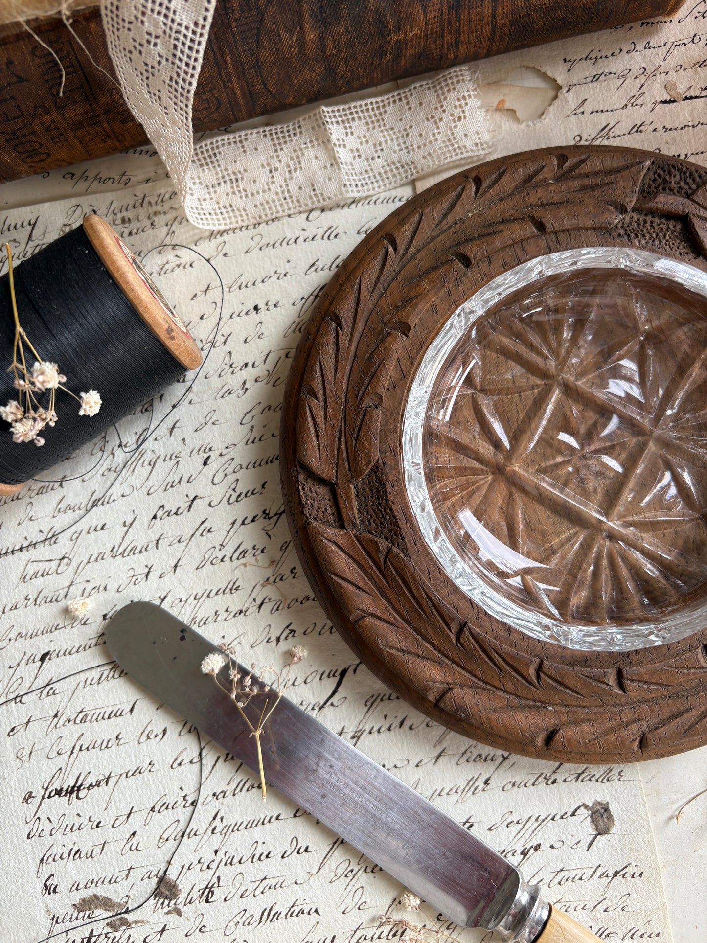 Hand-Carved Dark Oak Circular Butter Dish with Glass Insert