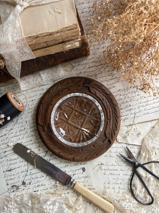 Hand-Carved Dark Oak Circular Butter Dish with Glass Insert