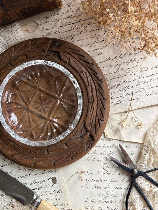 Hand-Carved Dark Oak Circular Butter Dish with Glass Insert