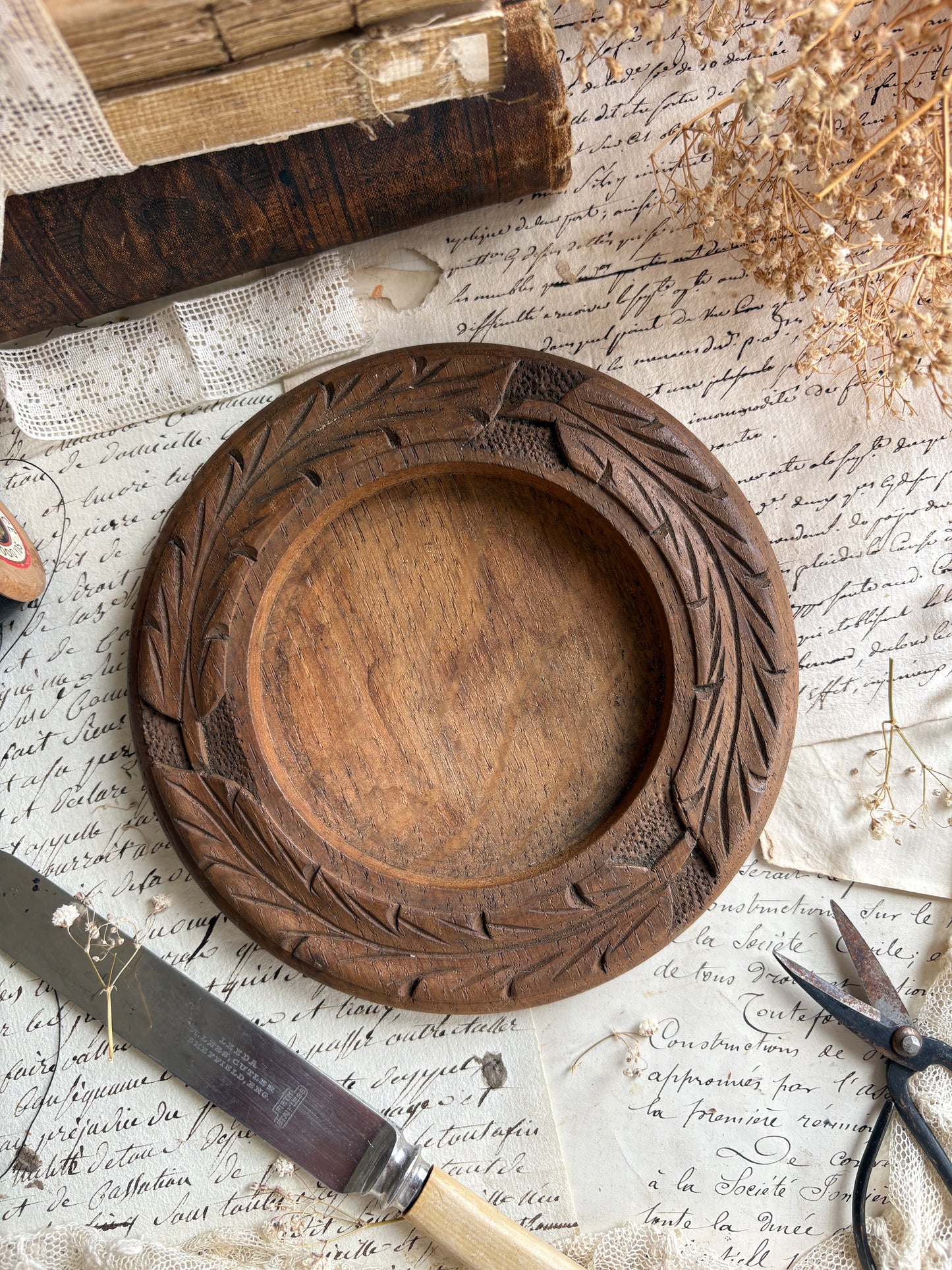 Hand-Carved Dark Oak Circular Butter Dish with Glass Insert