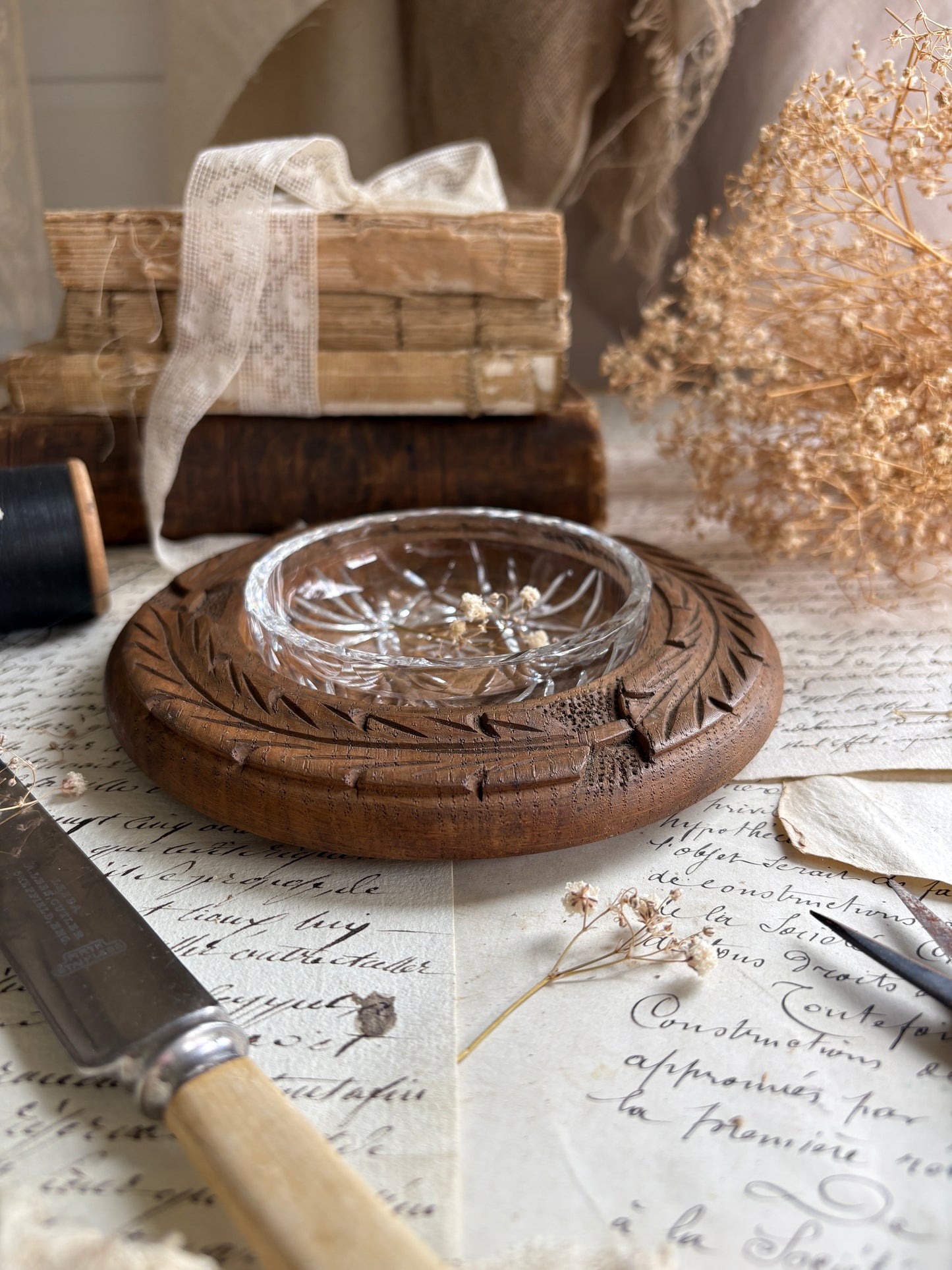 Hand-Carved Dark Oak Circular Butter Dish with Glass Insert