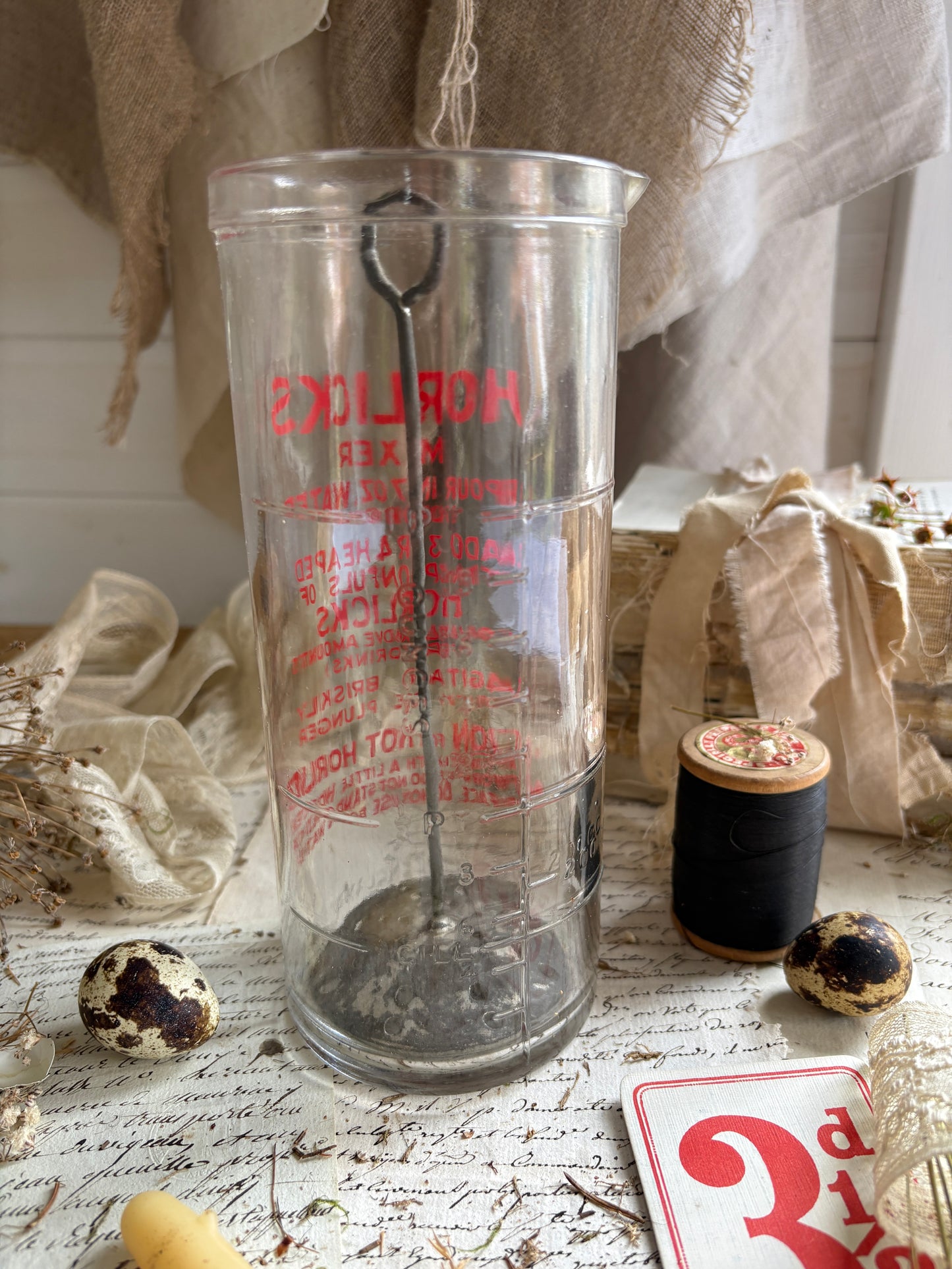 Vintage Large Glass Horlicks Mixer with Plunger