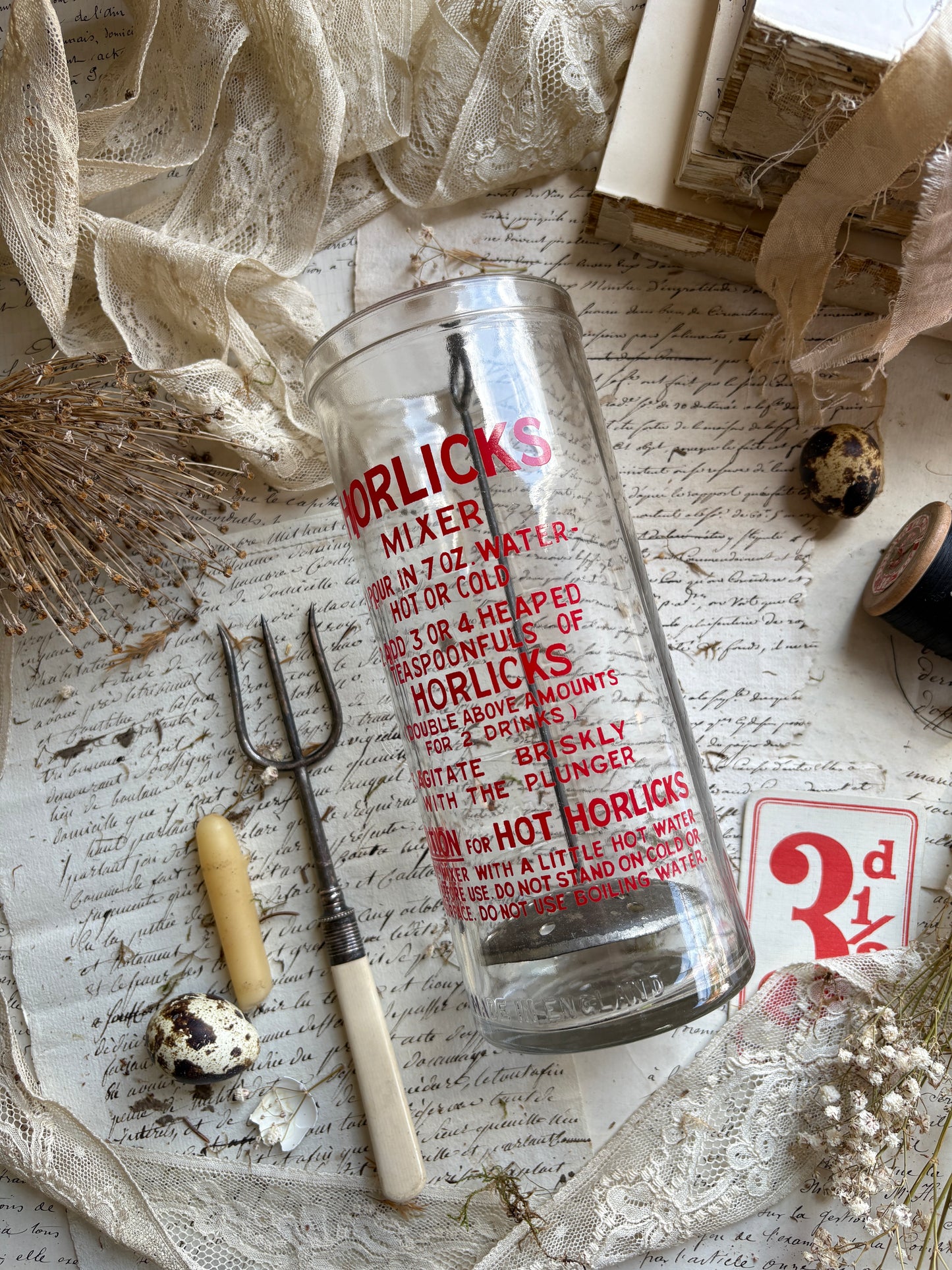 Vintage Large Glass Horlicks Mixer with Plunger