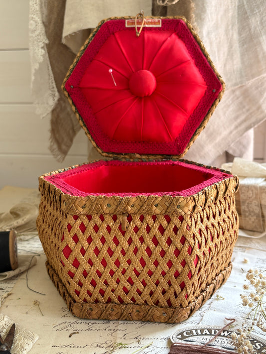 Handwoven Sewing Box with Red Satin Lining