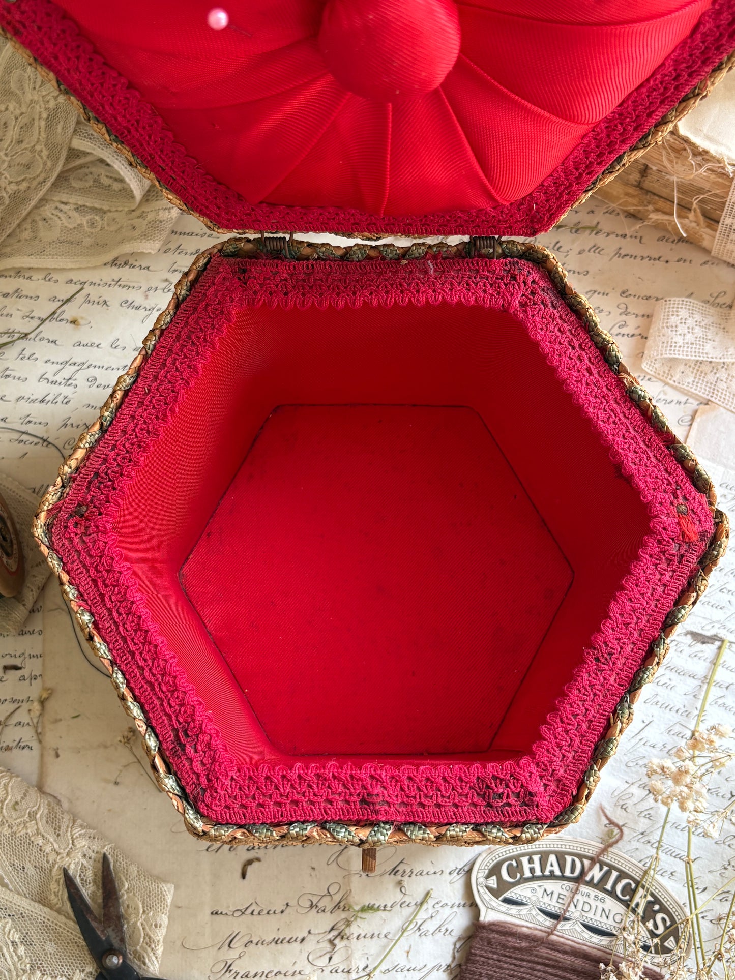 Handwoven Sewing Box with Red Satin Lining