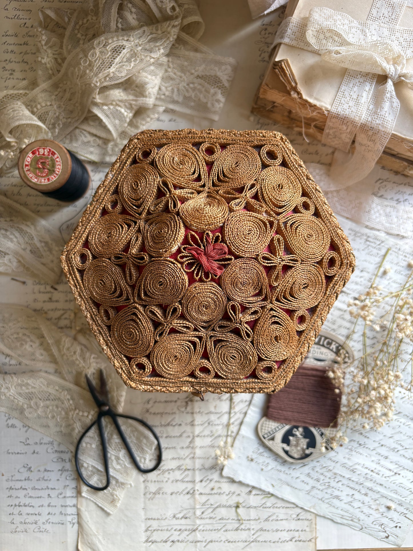 Handwoven Sewing Box with Red Satin Lining