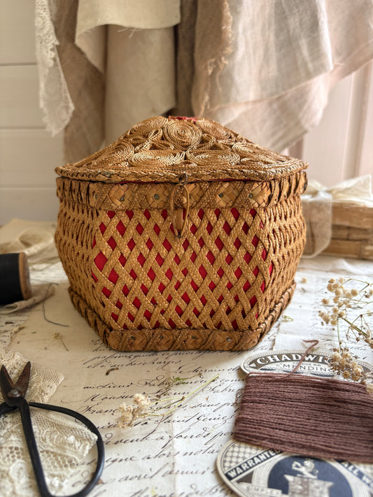 Handwoven Sewing Box with Red Satin Lining