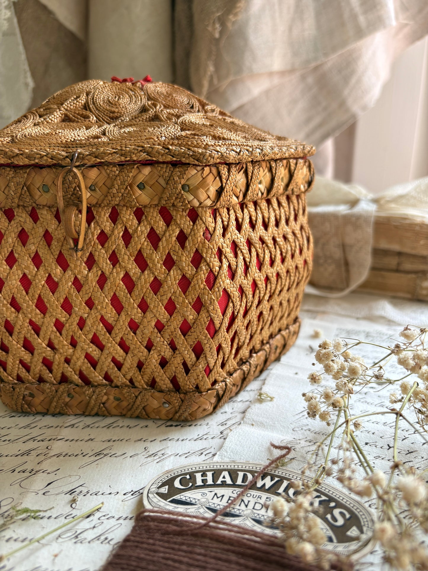 Handwoven Sewing Box with Red Satin Lining