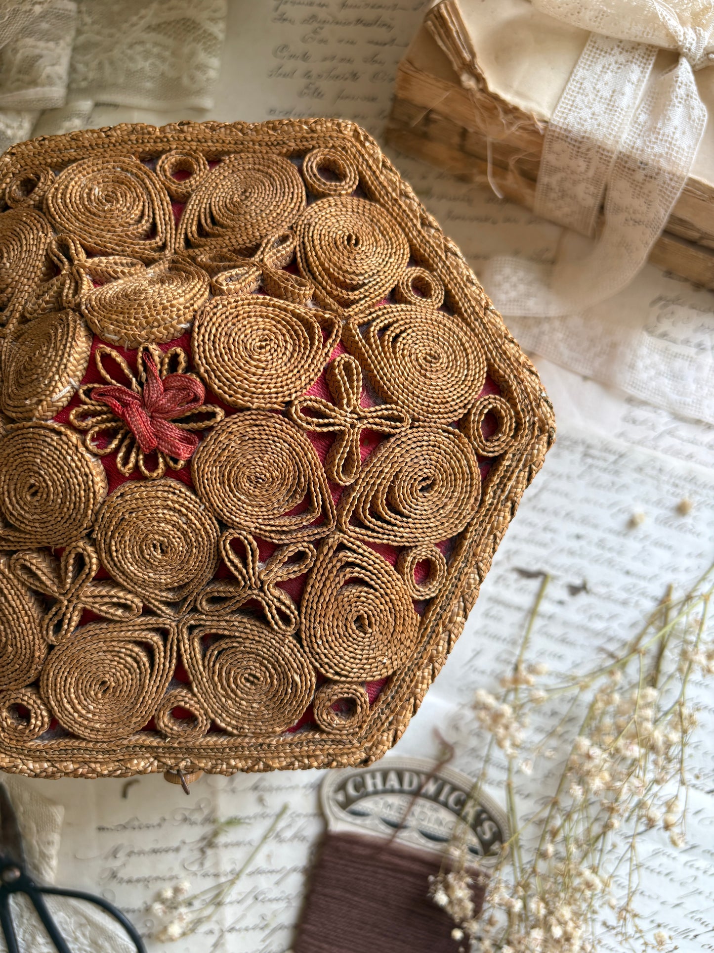 Handwoven Sewing Box with Red Satin Lining