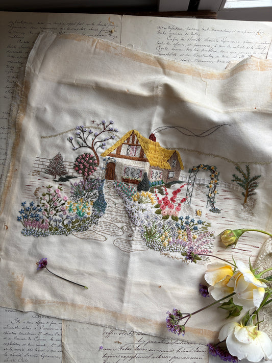 Handmade Cottage Embroidery on Cotton Charming Countryside Scene