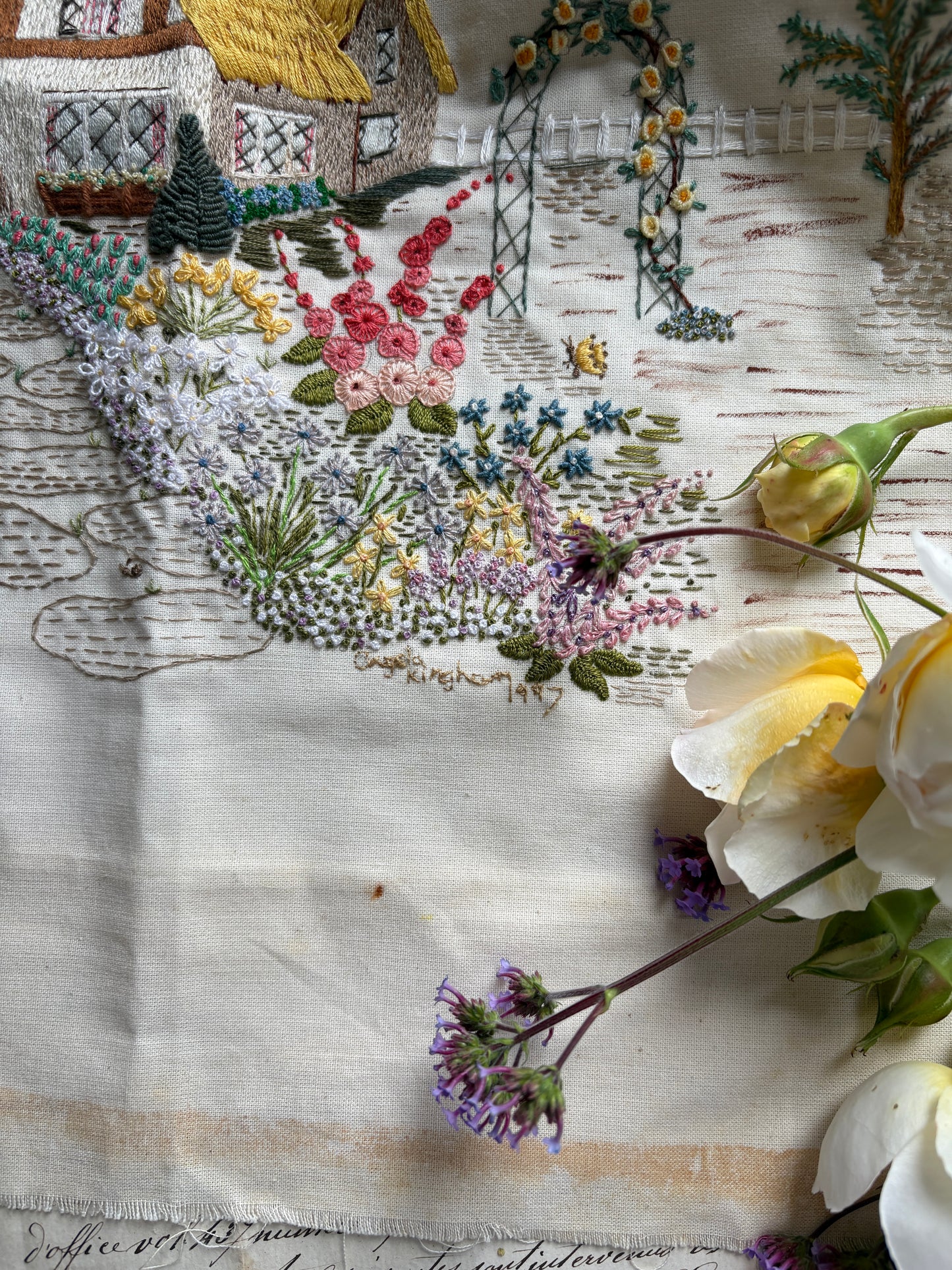 Handmade Cottage Embroidery on Cotton Charming Countryside Scene