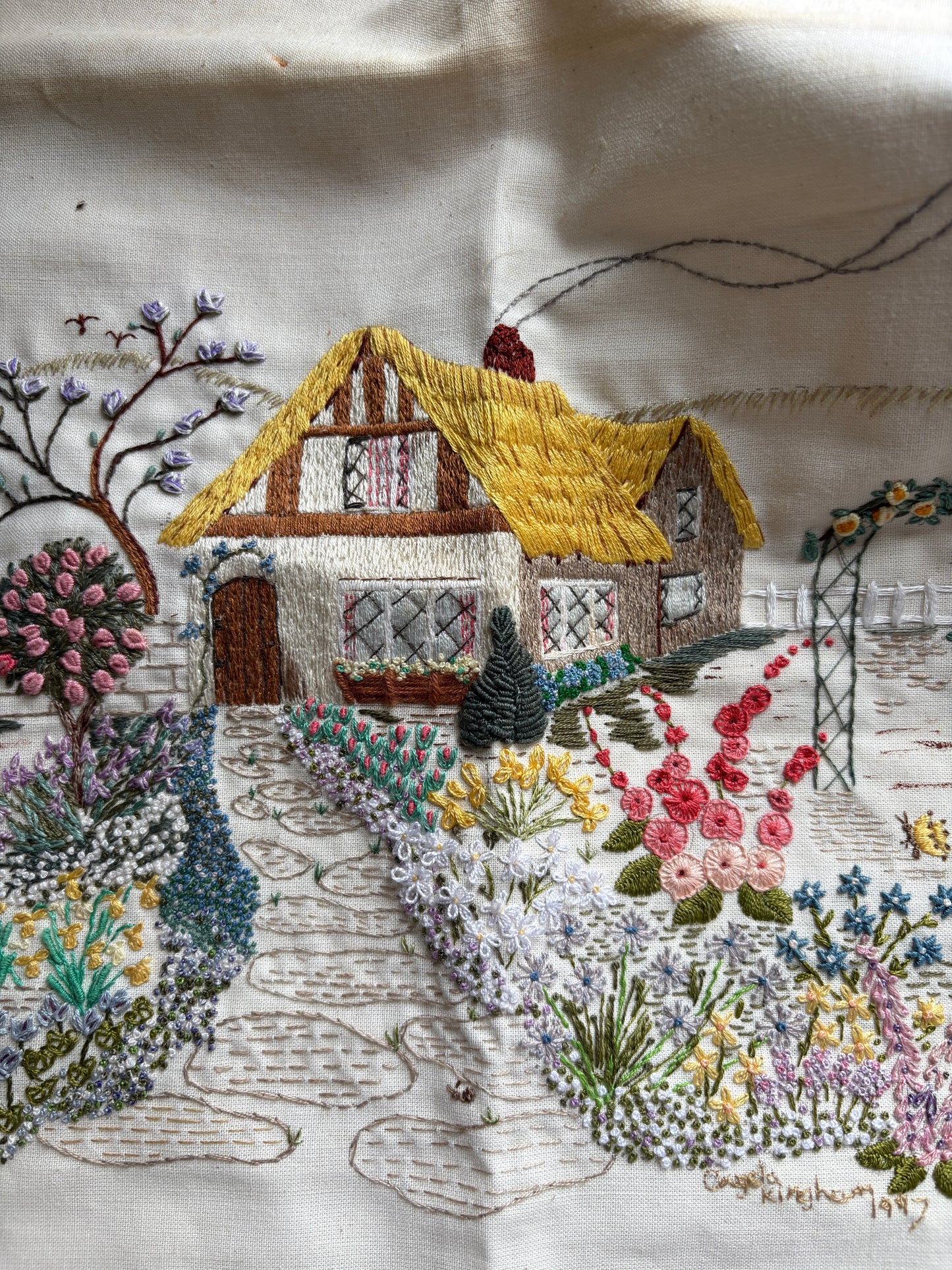 Handmade Cottage Embroidery on Cotton Charming Countryside Scene
