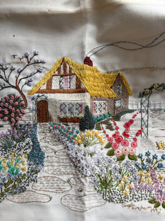 Handmade Cottage Embroidery on Cotton Charming Countryside Scene