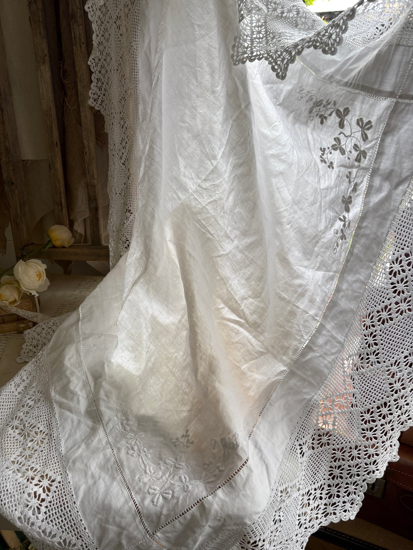 Vintage White Linen Tablecloth