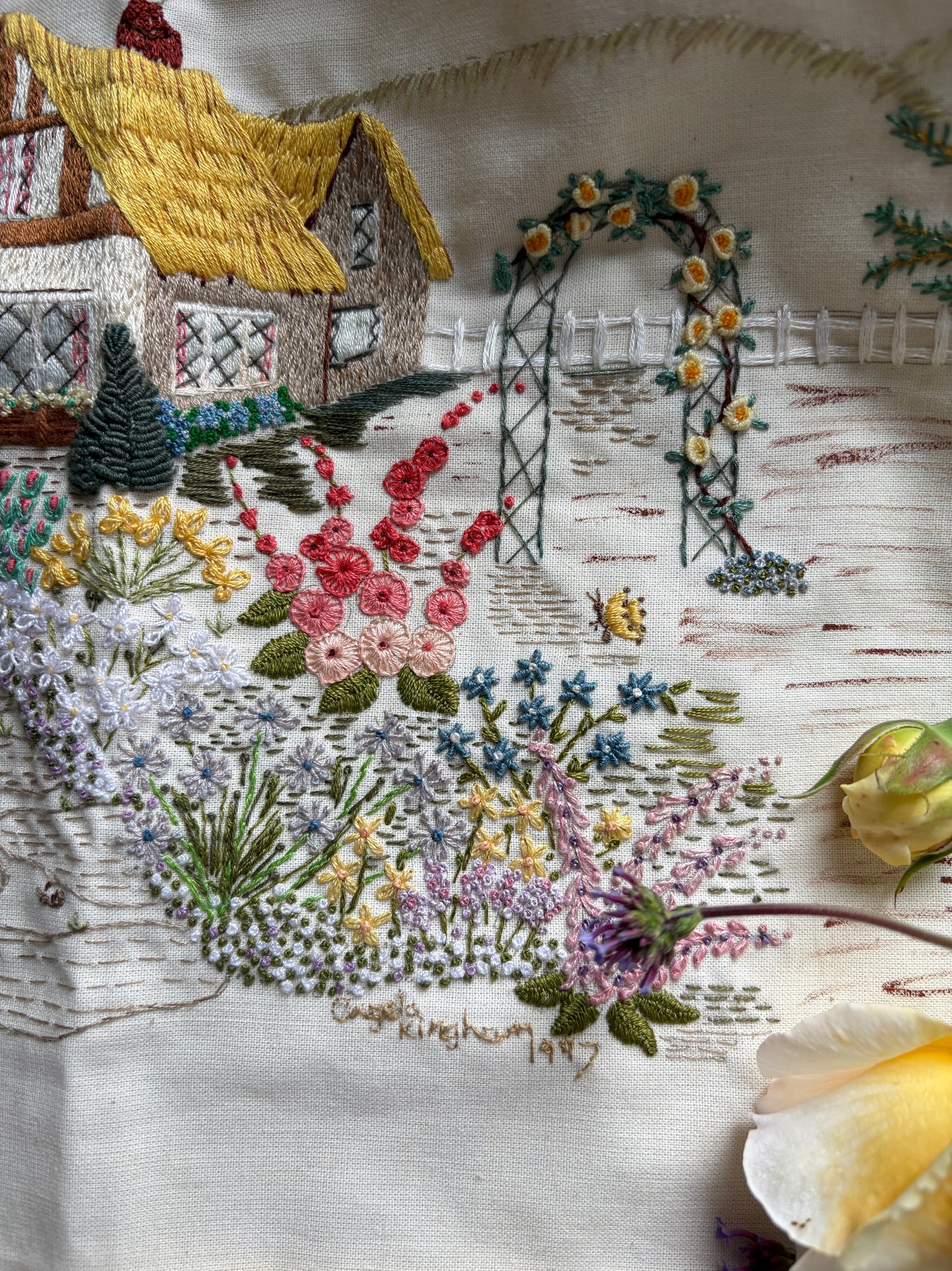 Handmade Cottage Embroidery on Cotton Charming Countryside Scene