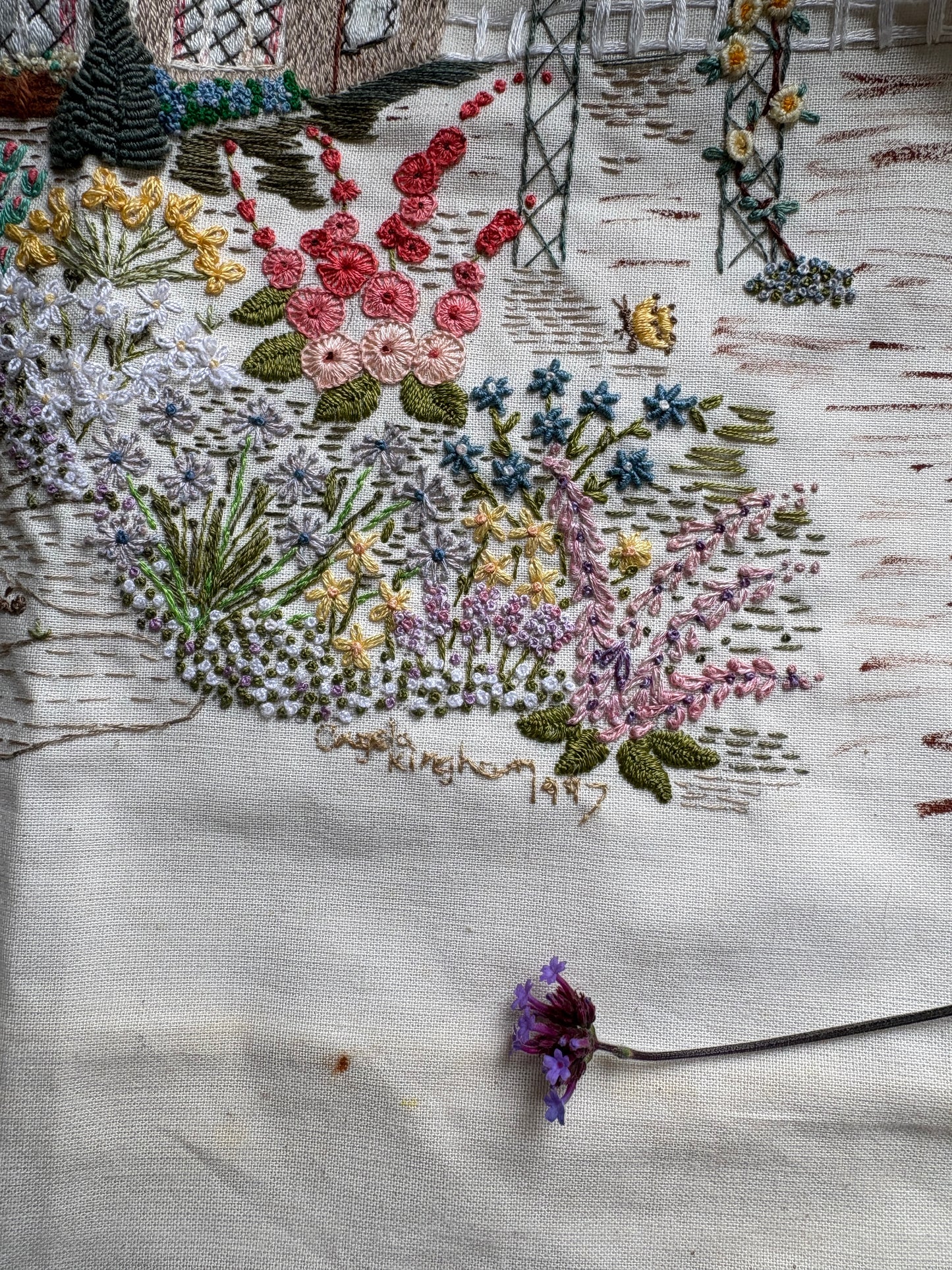 Handmade Cottage Embroidery on Cotton Charming Countryside Scene