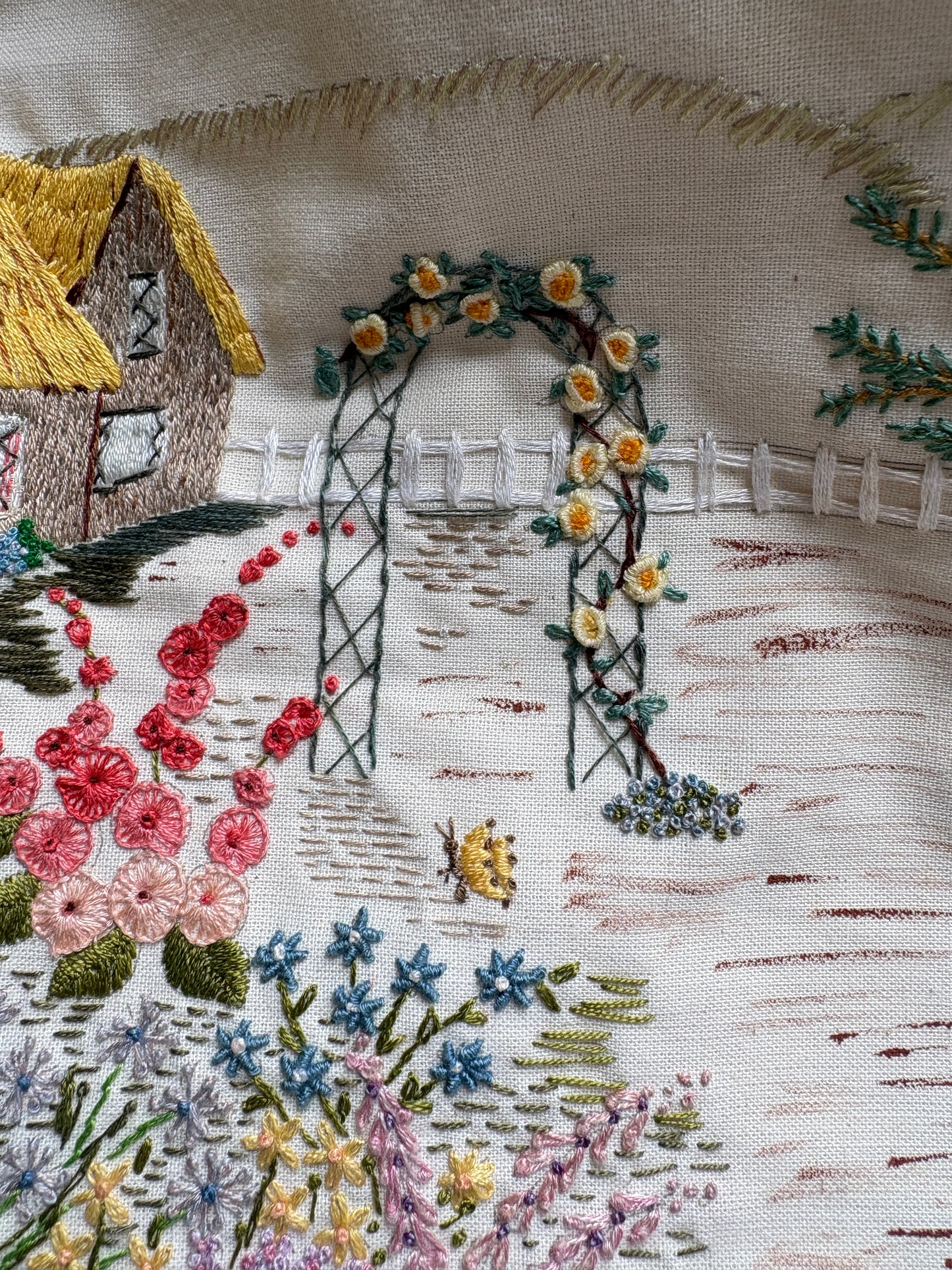 Handmade Cottage Embroidery on Cotton Charming Countryside Scene