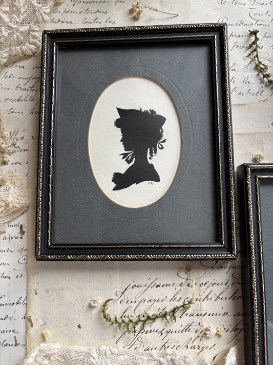 Pair of Antique Style Silhouette Portrait Prints in Black Frames