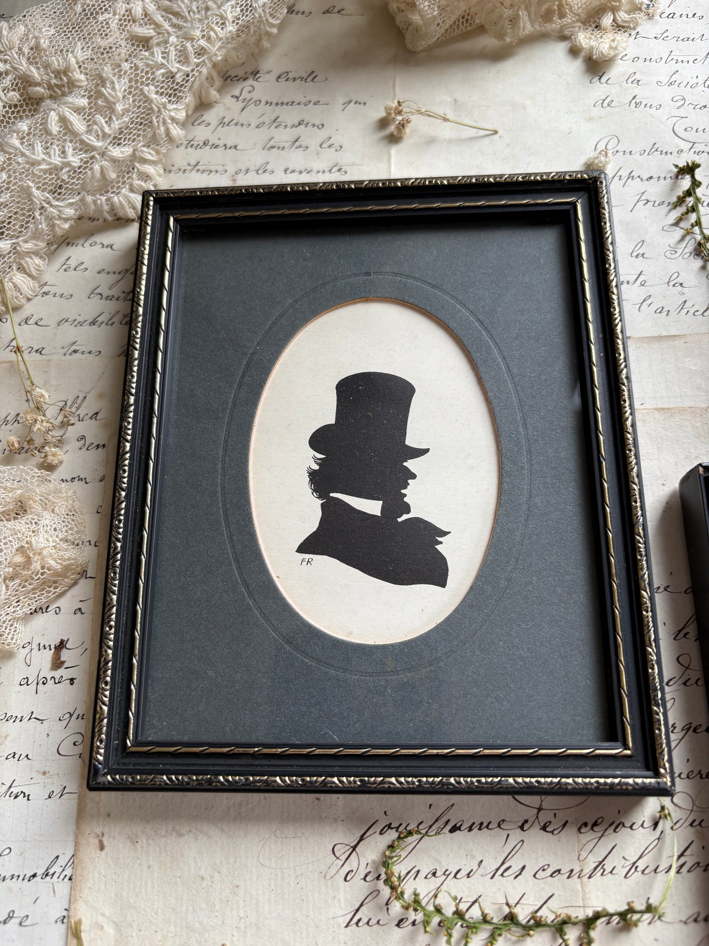 Pair of Antique Style Silhouette Portrait Prints in Black Frames