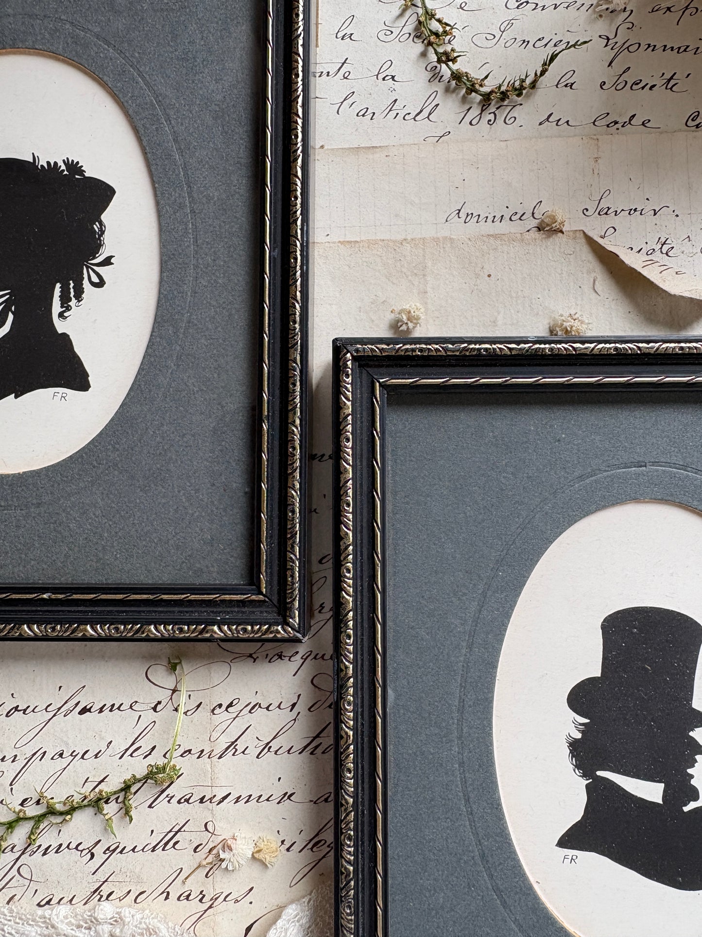 Pair of Antique Style Silhouette Portrait Prints in Black Frames