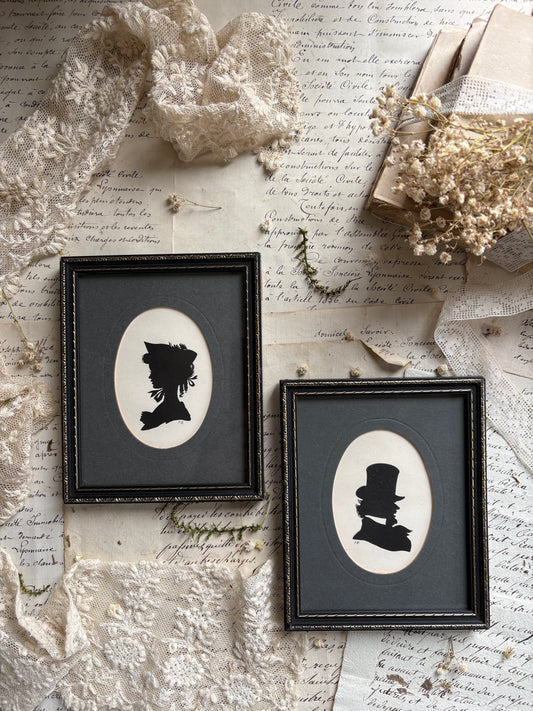 Pair of Antique Style Silhouette Portrait Prints in Black Frames