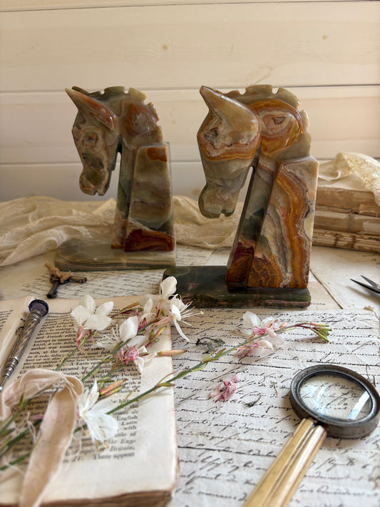 Vintage Carved Onyx Horse Head Bookends