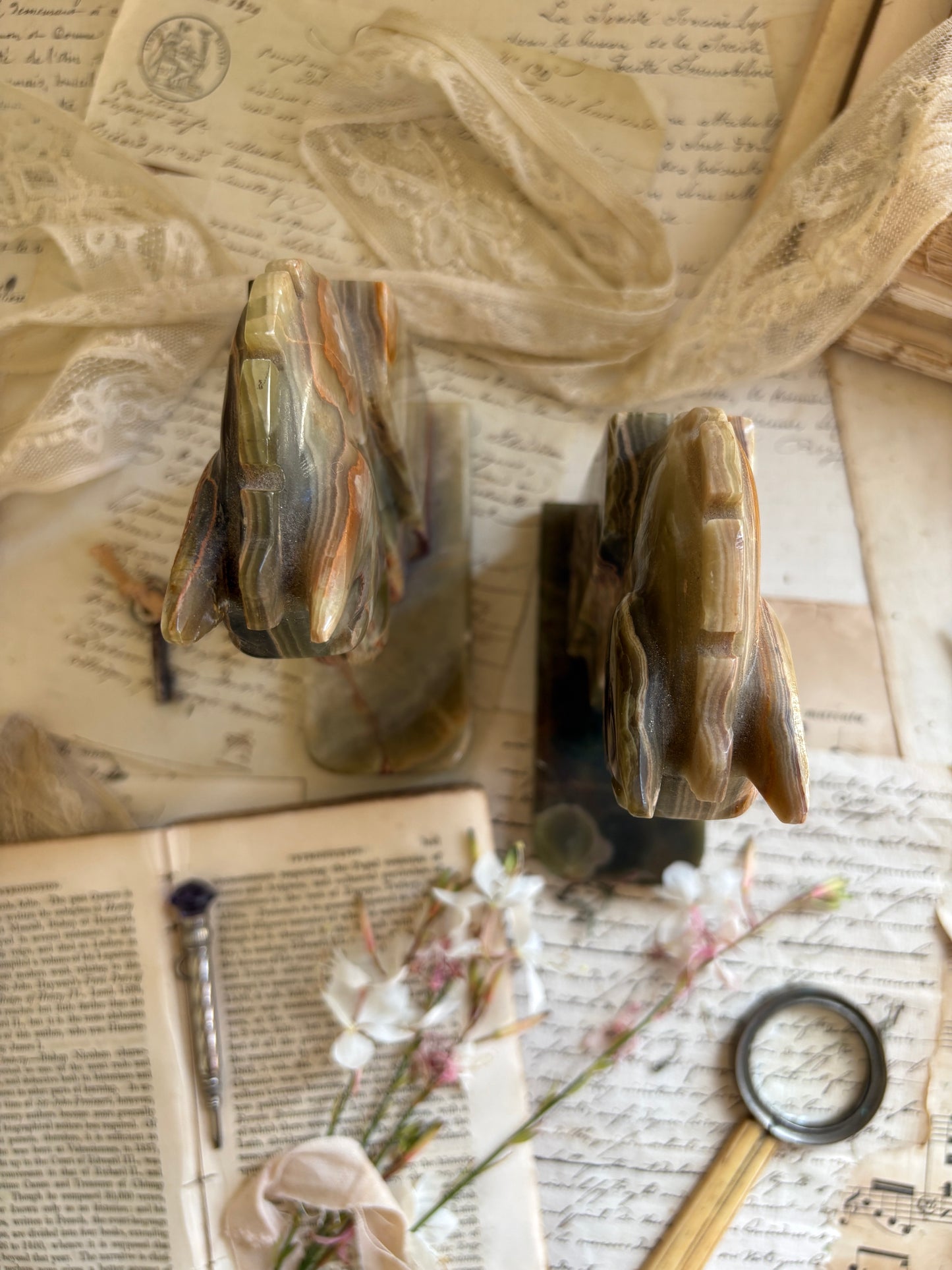 Vintage Carved Onyx Horse Head Bookends
