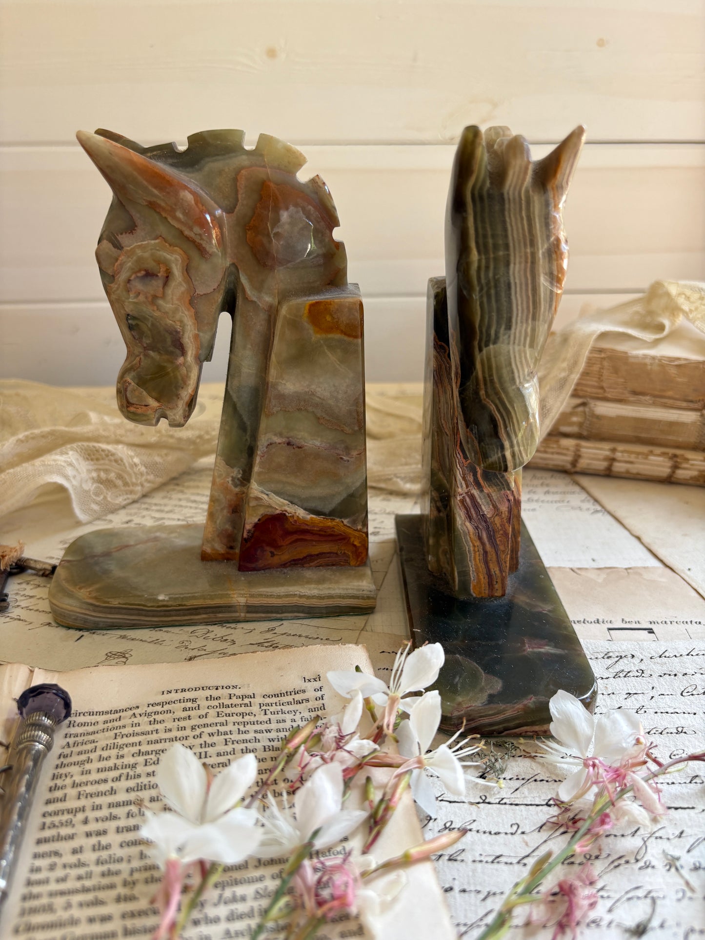 Vintage Carved Onyx Horse Head Bookends
