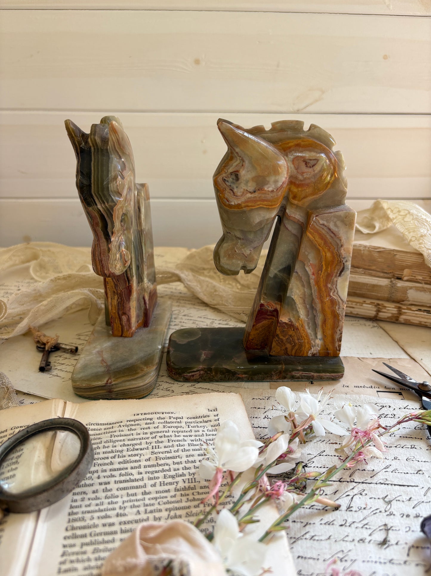 Vintage Carved Onyx Horse Head Bookends