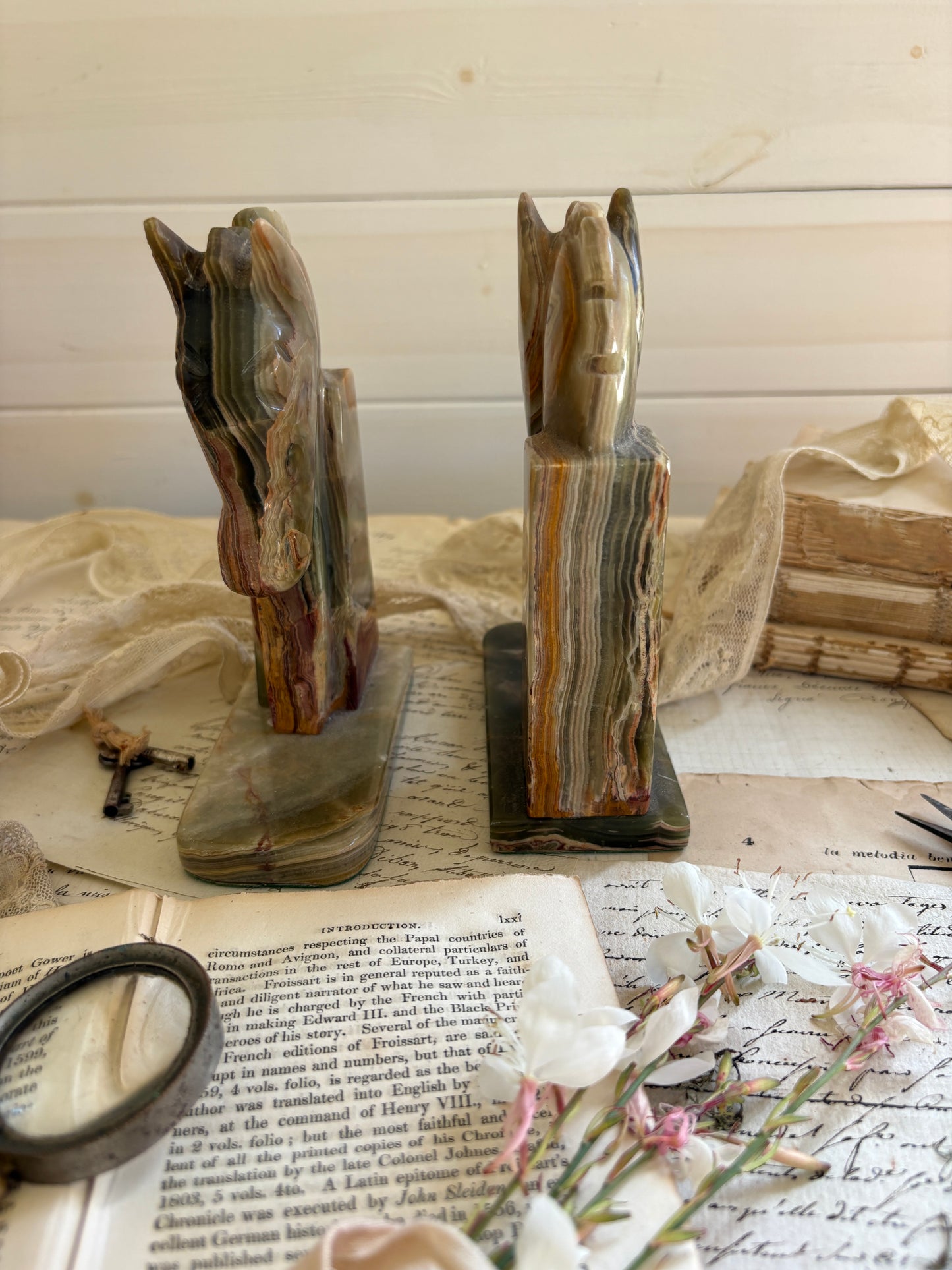 Vintage Carved Onyx Horse Head Bookends