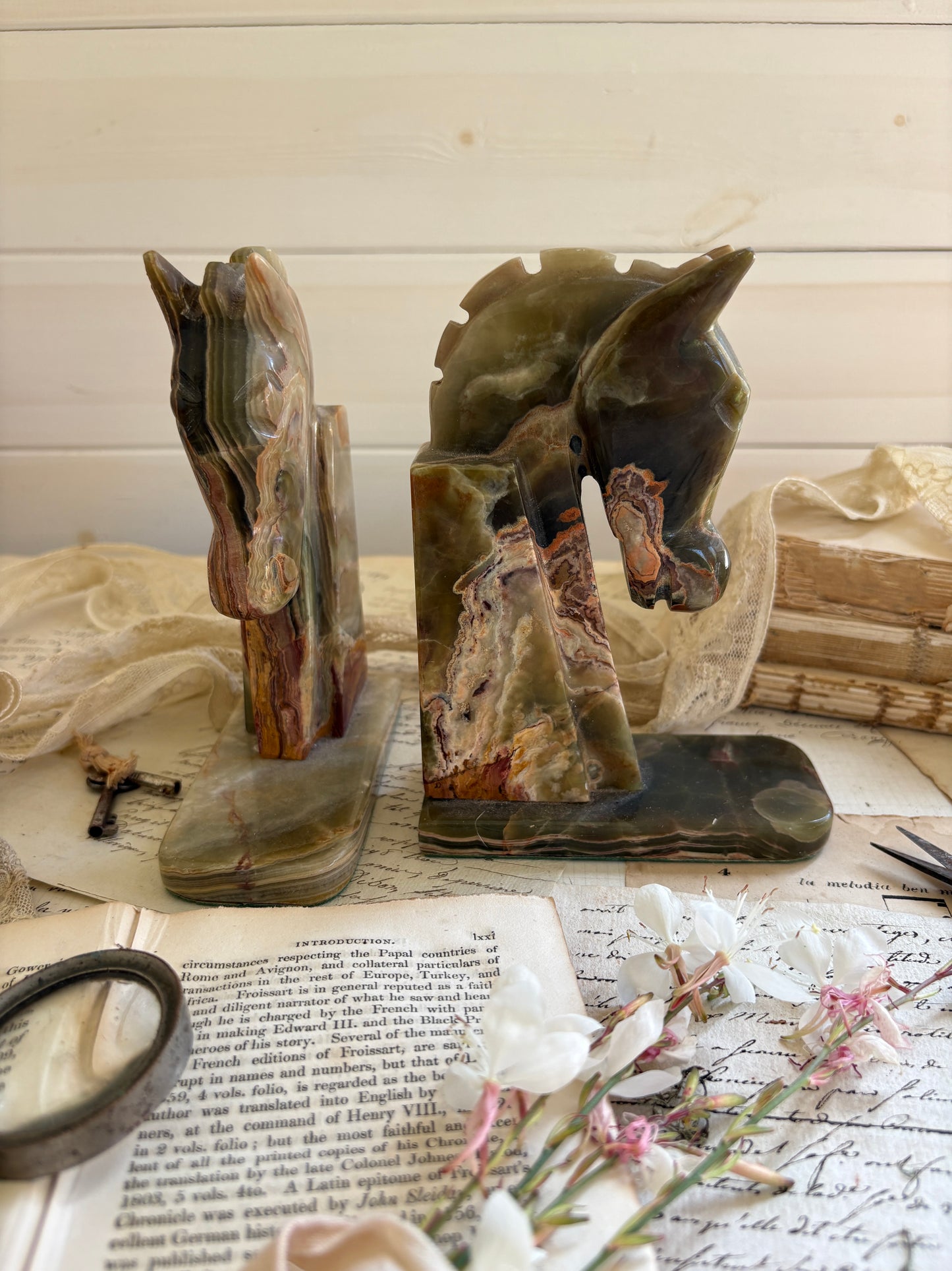 Vintage Carved Onyx Horse Head Bookends