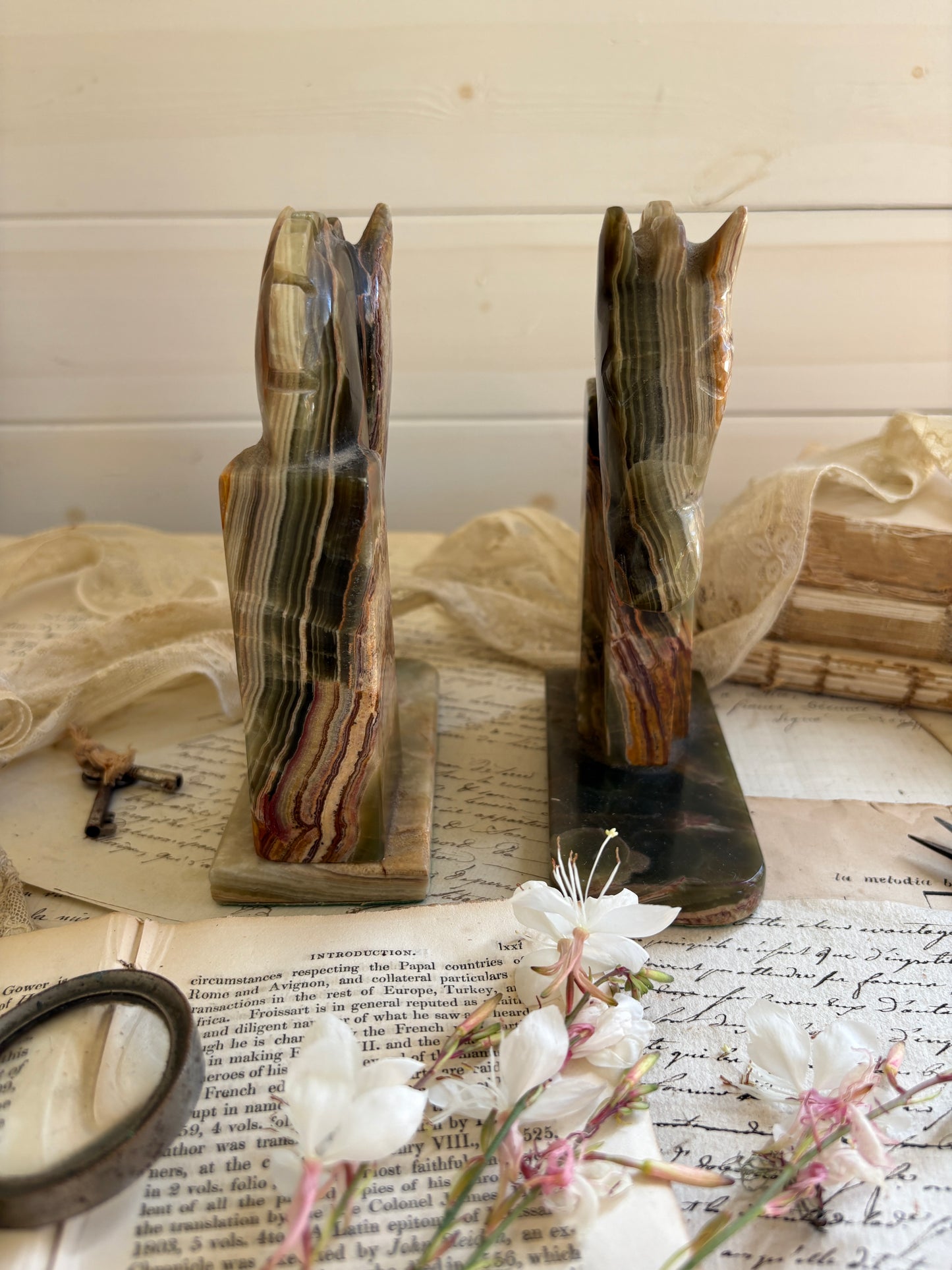 Vintage Carved Onyx Horse Head Bookends