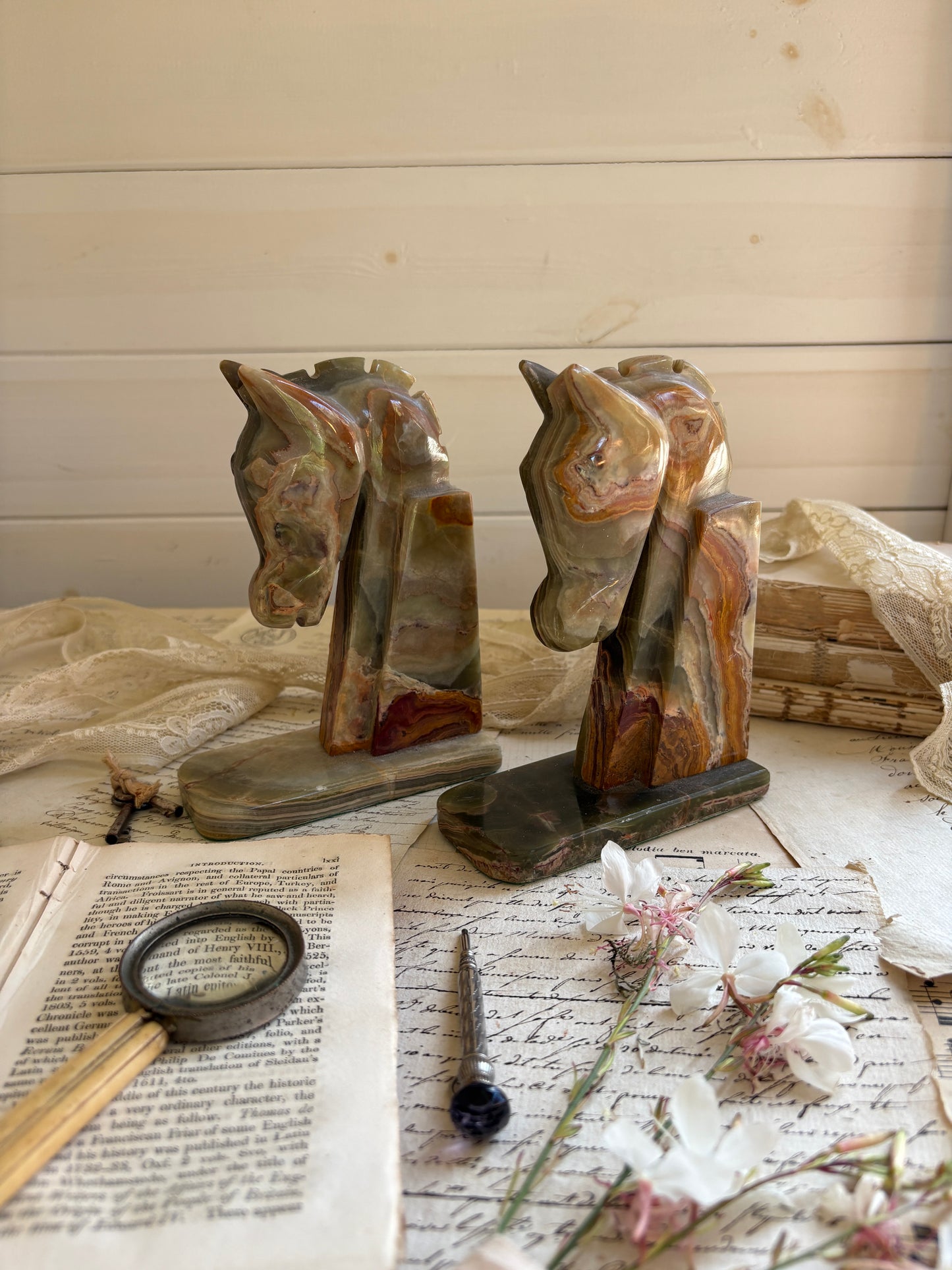 Vintage Carved Onyx Horse Head Bookends