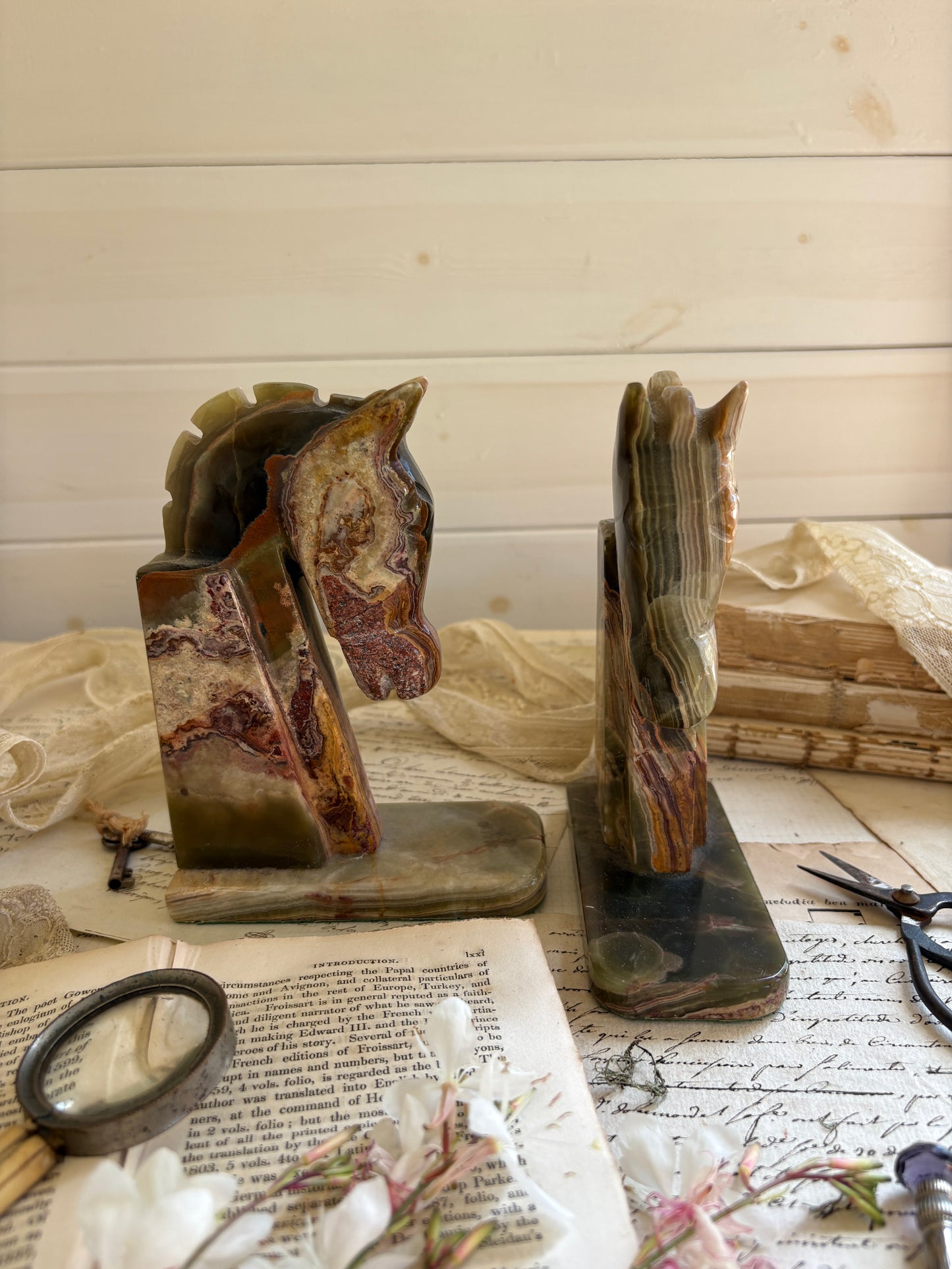 Vintage Carved Onyx Horse Head Bookends