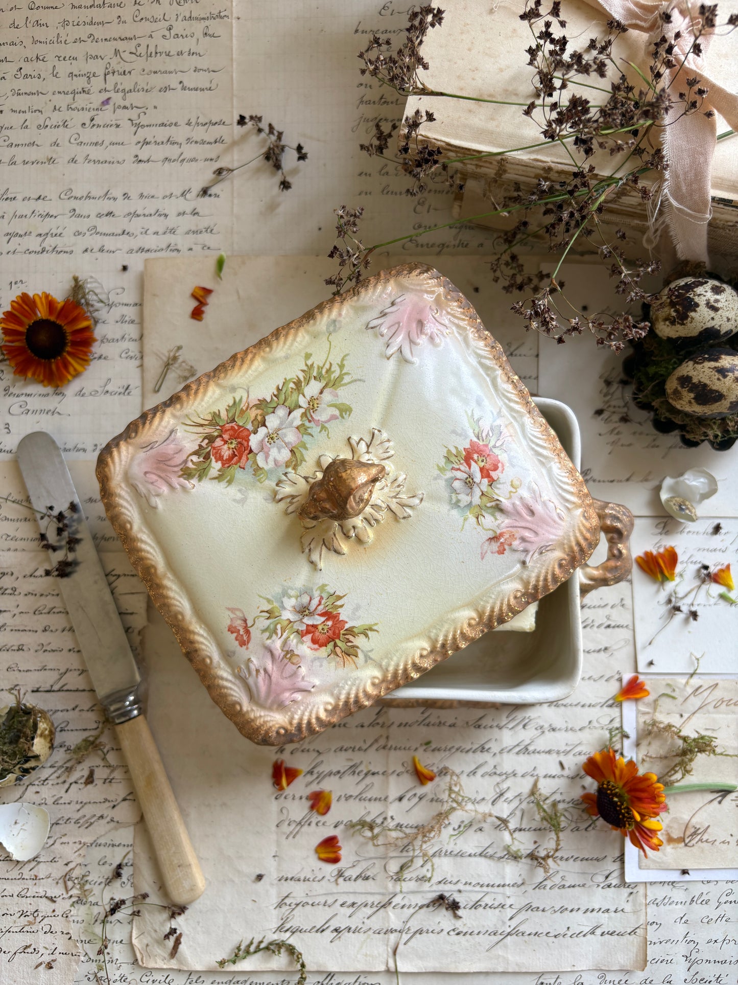 Vintage Floral Ceramic Butter Dish with Gilded Finial Lid