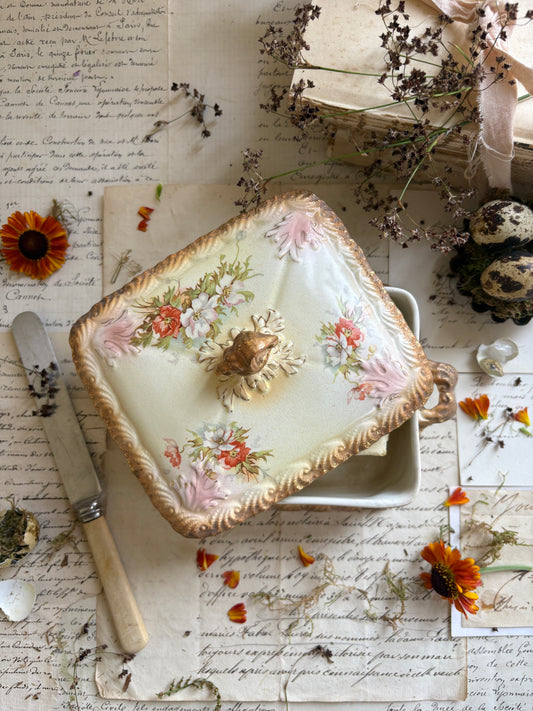 Vintage Floral Ceramic Butter Dish with Gilded Finial Lid