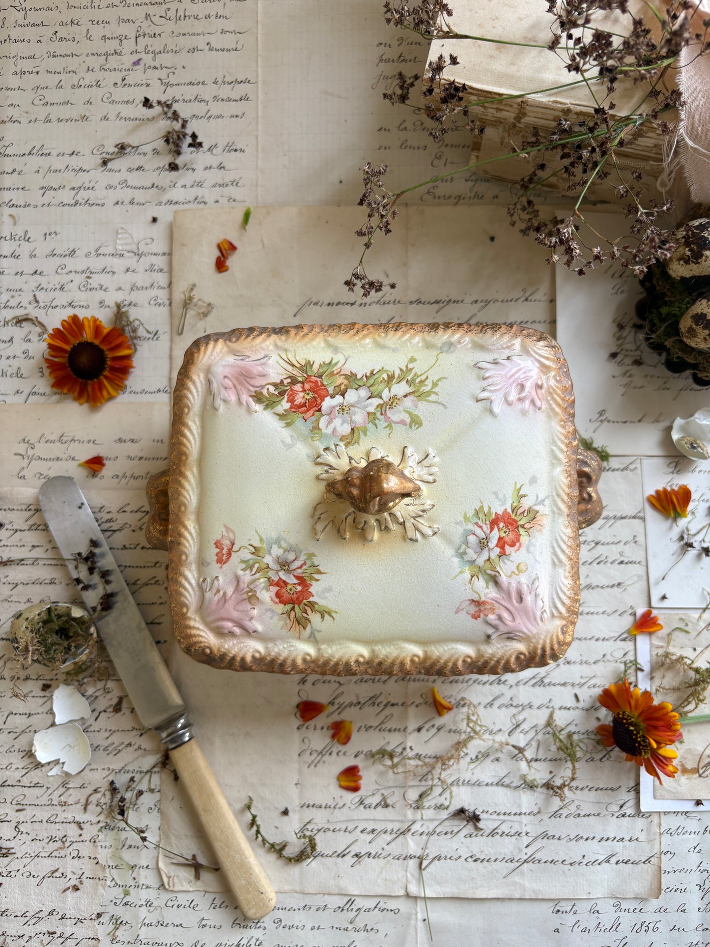 Vintage Floral Ceramic Butter Dish with Gilded Finial Lid