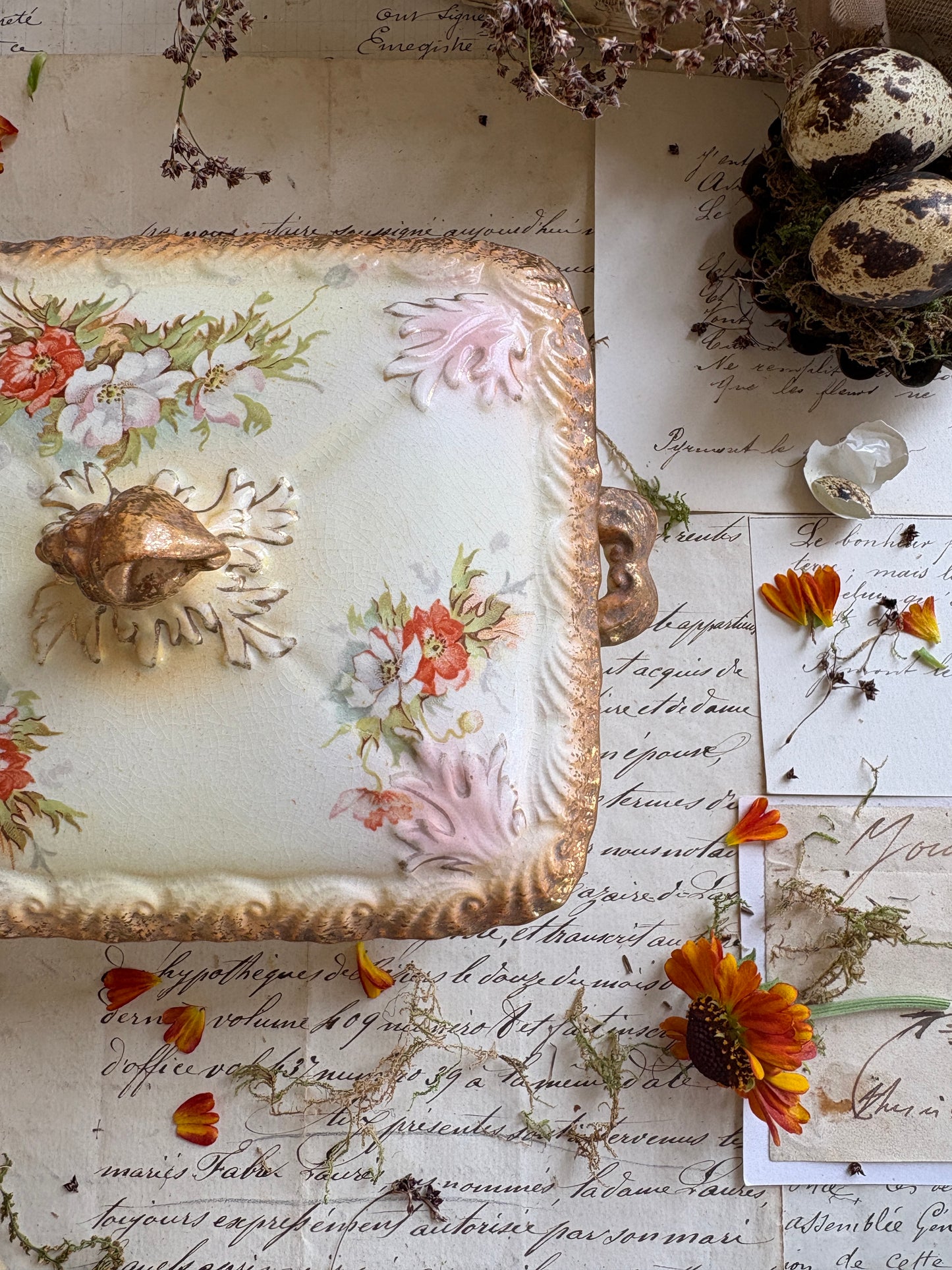 Vintage Floral Ceramic Butter Dish with Gilded Finial Lid