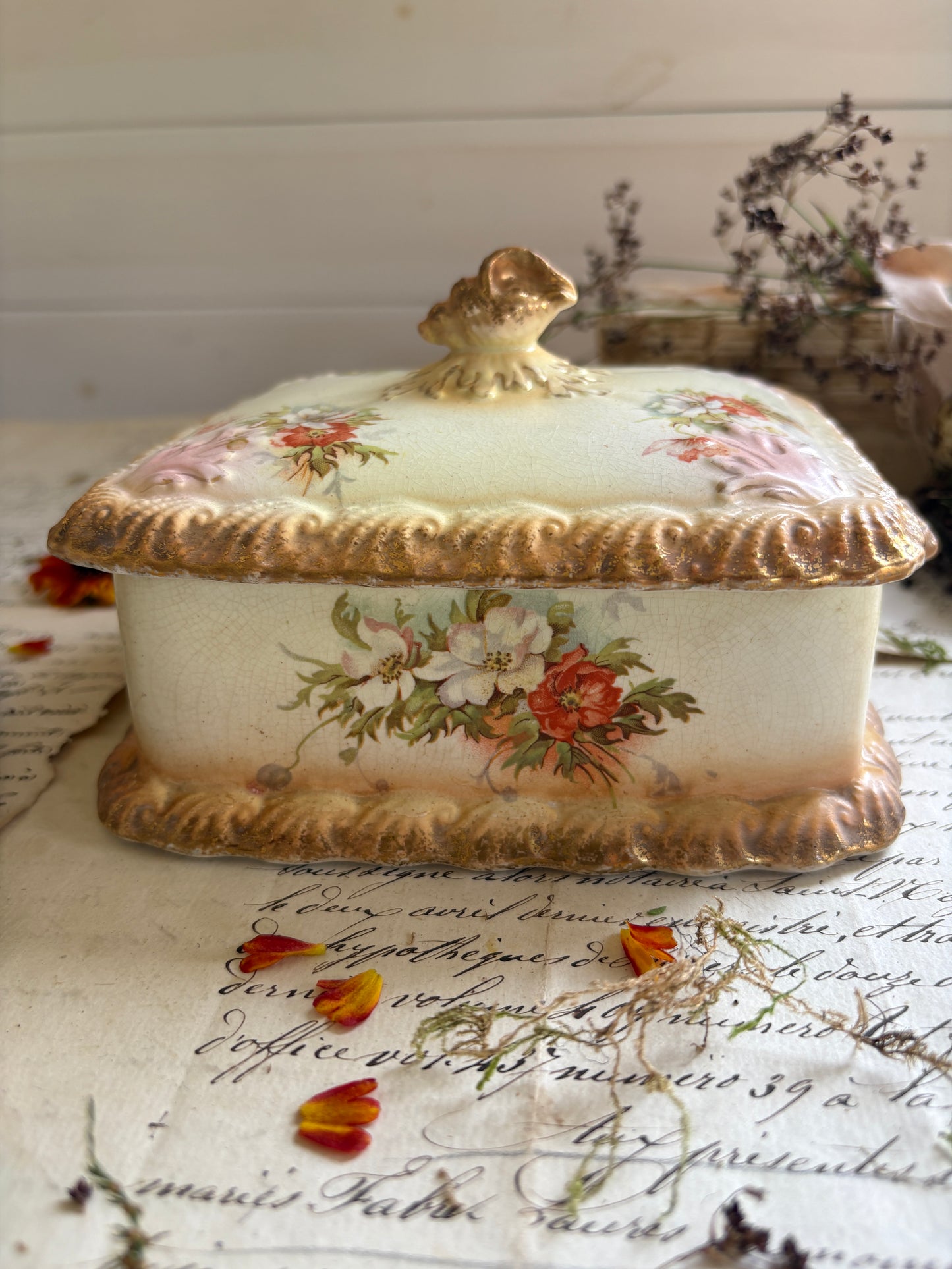 Vintage Floral Ceramic Butter Dish with Gilded Finial Lid
