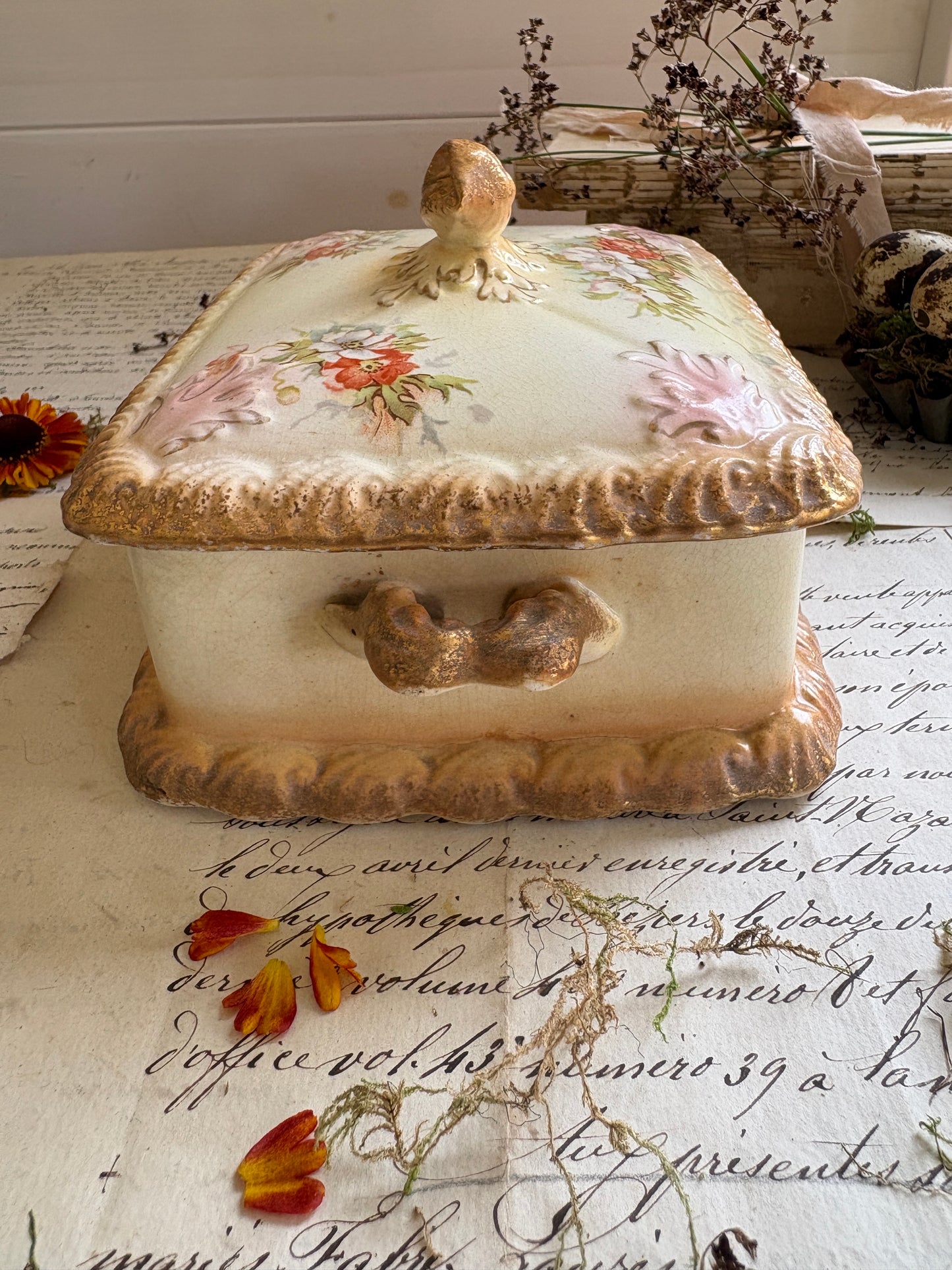 Vintage Floral Ceramic Butter Dish with Gilded Finial Lid