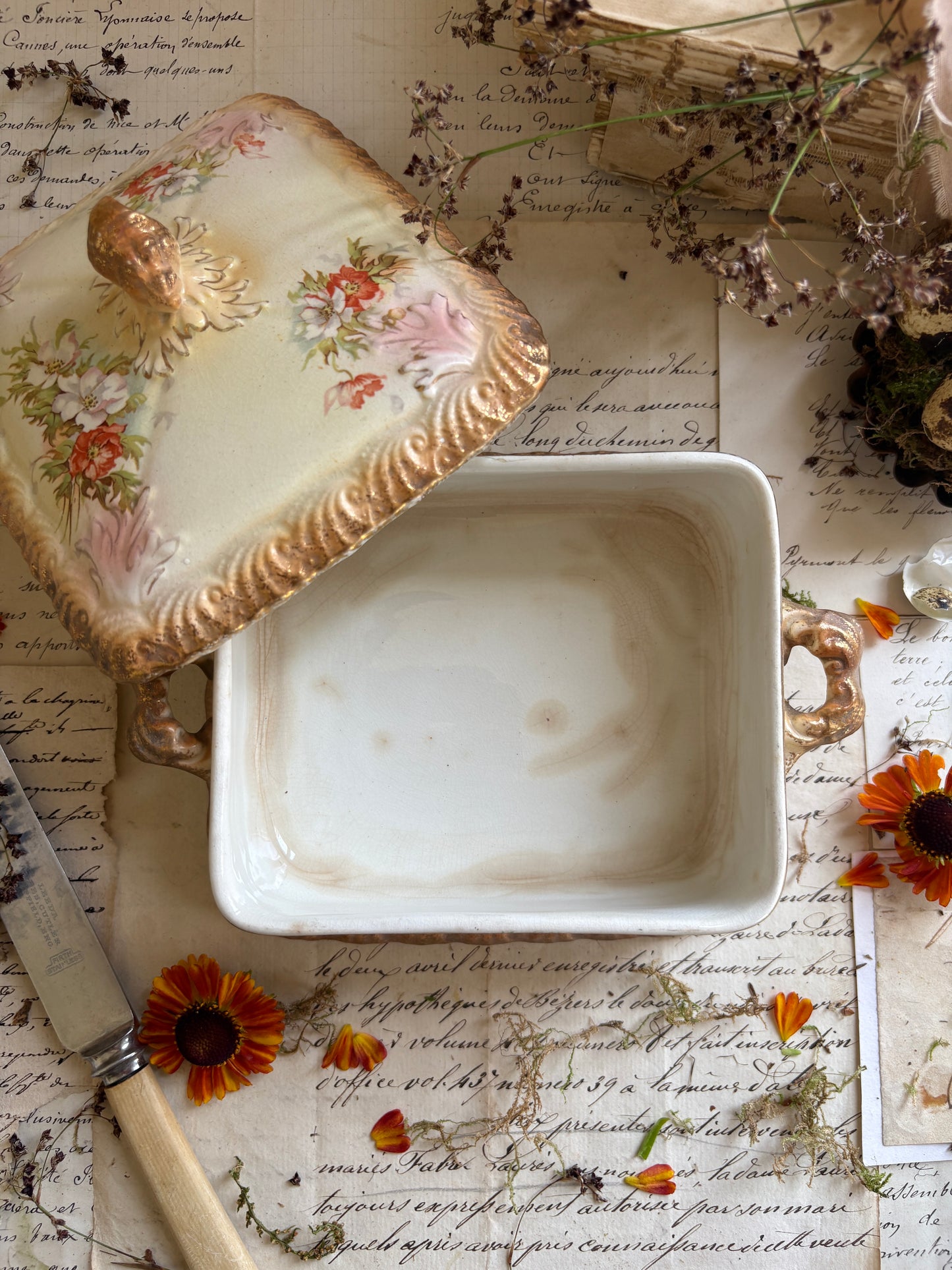 Vintage Floral Ceramic Butter Dish with Gilded Finial Lid